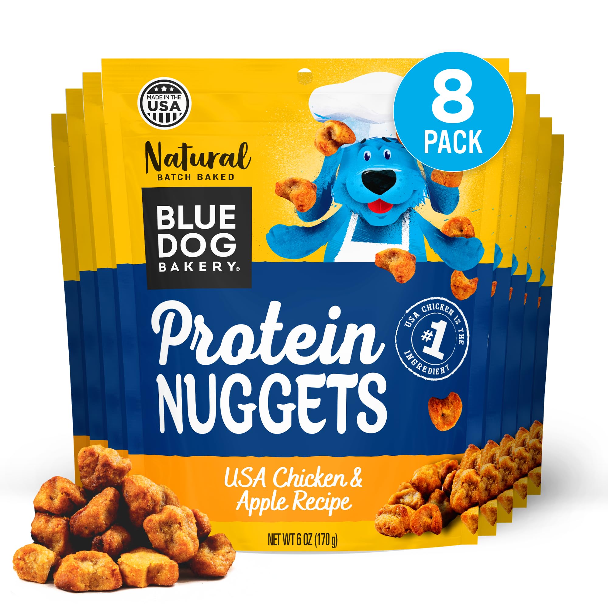 Blue Dog Bakery Protein Nuggets Snack | Small, Soft & Chewy Chicken & Apple Flavor | Natural Healthy Dog Treats, 6 oz (Pack of 8
