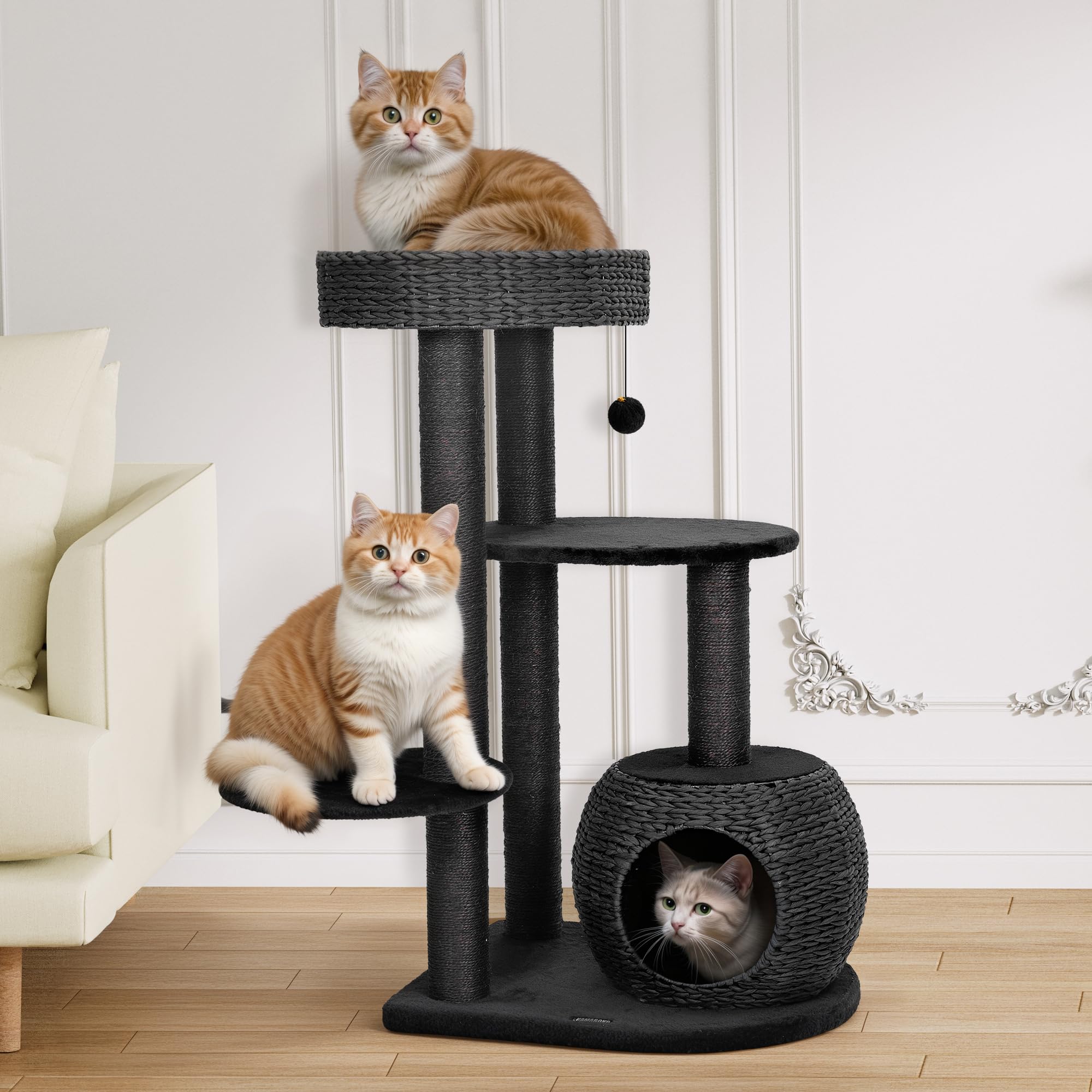 Kamaboko Gothic Cat Tree, 53    Black Cat Tower For Indoor Cats With Sisal Scratching Posts, Spacious Cat Condo, Self Groomer, B