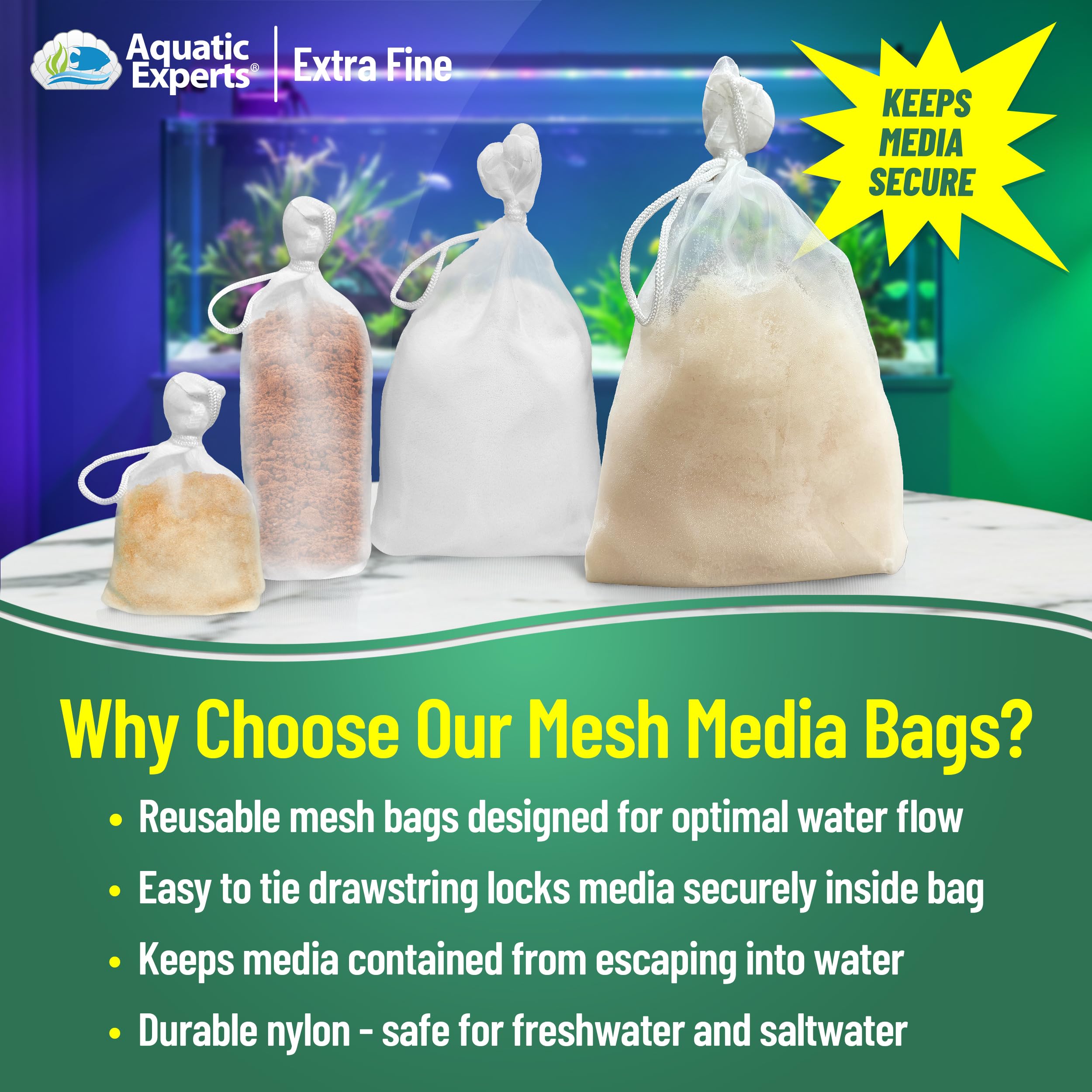 Aquatic Experts Extra Fine Aquarium Media Bag, Durable Drawstring Bags For Fish Tank Filters,150 Micron Mesh, (Extra Fine, 5'' X