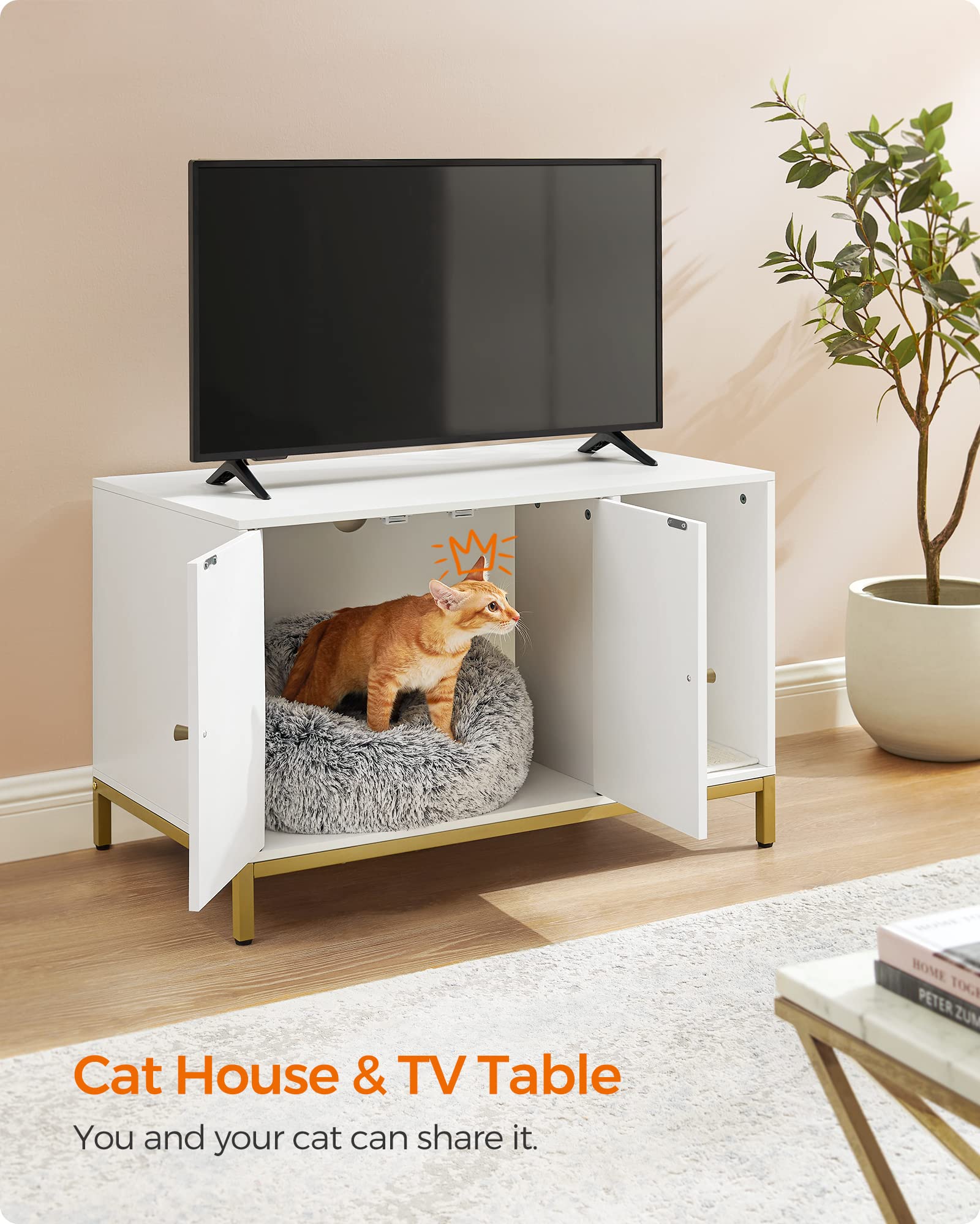 Feandrea Litter Box Enclosure, Modern Cat Litter Box Furniture With Scratching Mat, Cat House For Indoor Cats, Side End Table, 31.5 X 19.7 X 21.7 Inches, Simply White And Metallic Gold Upcl007W01