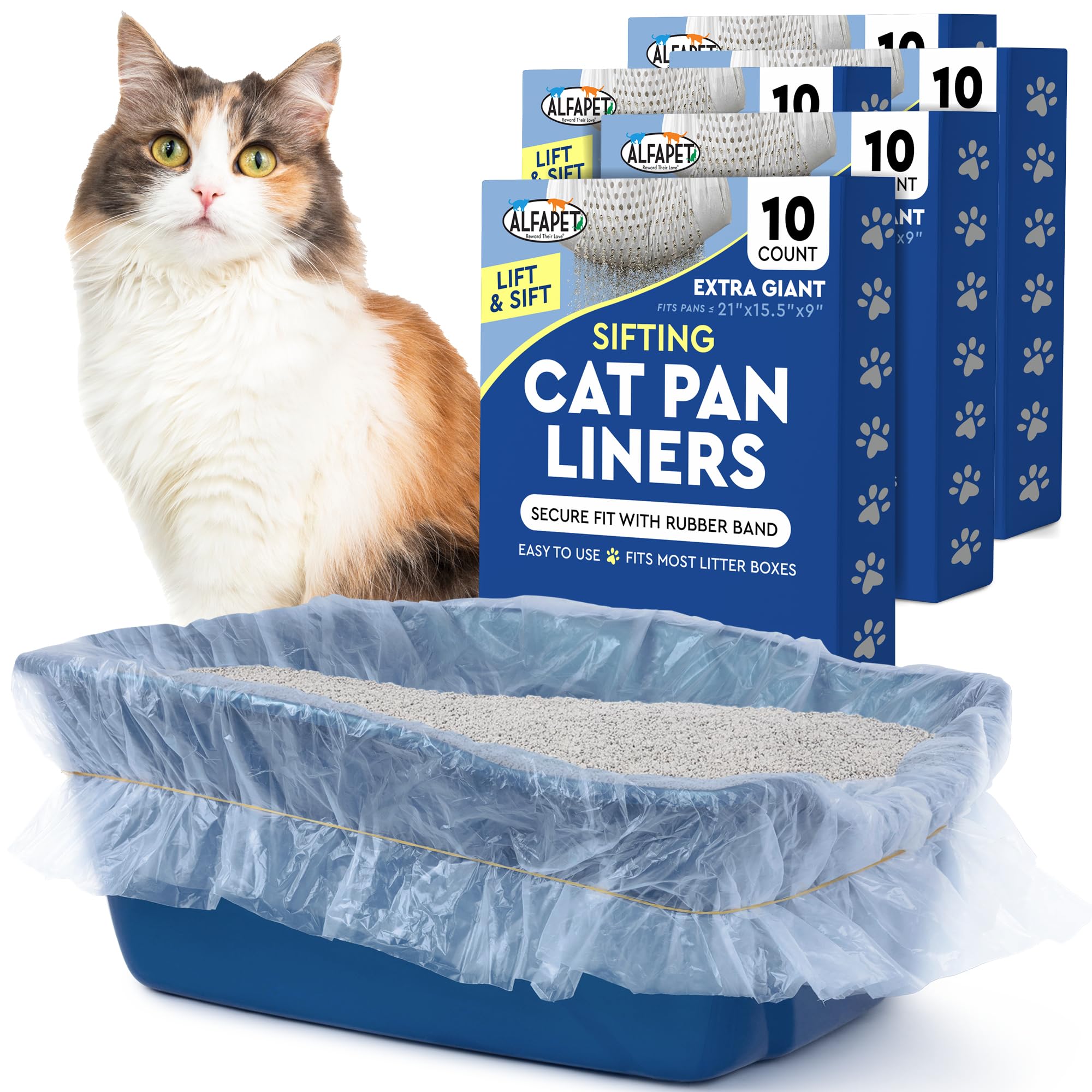 Alfapet Kitty Cat Pan Disposable, Sifting Liners- 10-Pack + 1 Transfer Liner-For Large, X-Large, Giant, Extra-Giant Size Litter Boxes-Included Rubber Band For Firm, Easy Fit - Pack Of 5