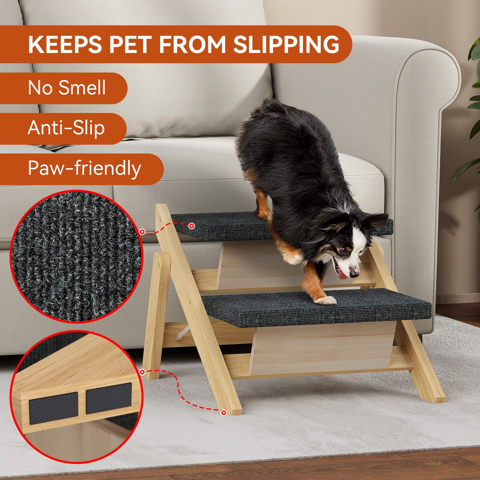 Runlexi Pet Stairs/Steps, Small Dogs Steps For High Beds, Sofa, Couch, Car, 2-In-1 Foldable Wood Dog Ramp With Non-Slip Pads, Sa