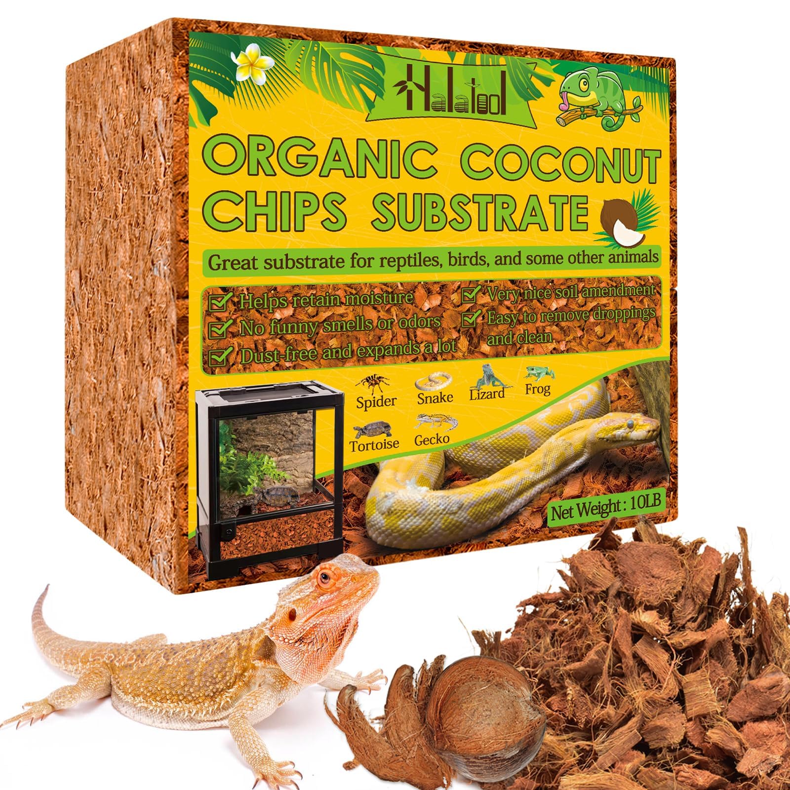 Halatool 10Lb Coconut Chips Substrate For Reptiles 72Qt Natural Coco Husk Snake Bedding For Ball Python Coco Coir Chip Terrarium