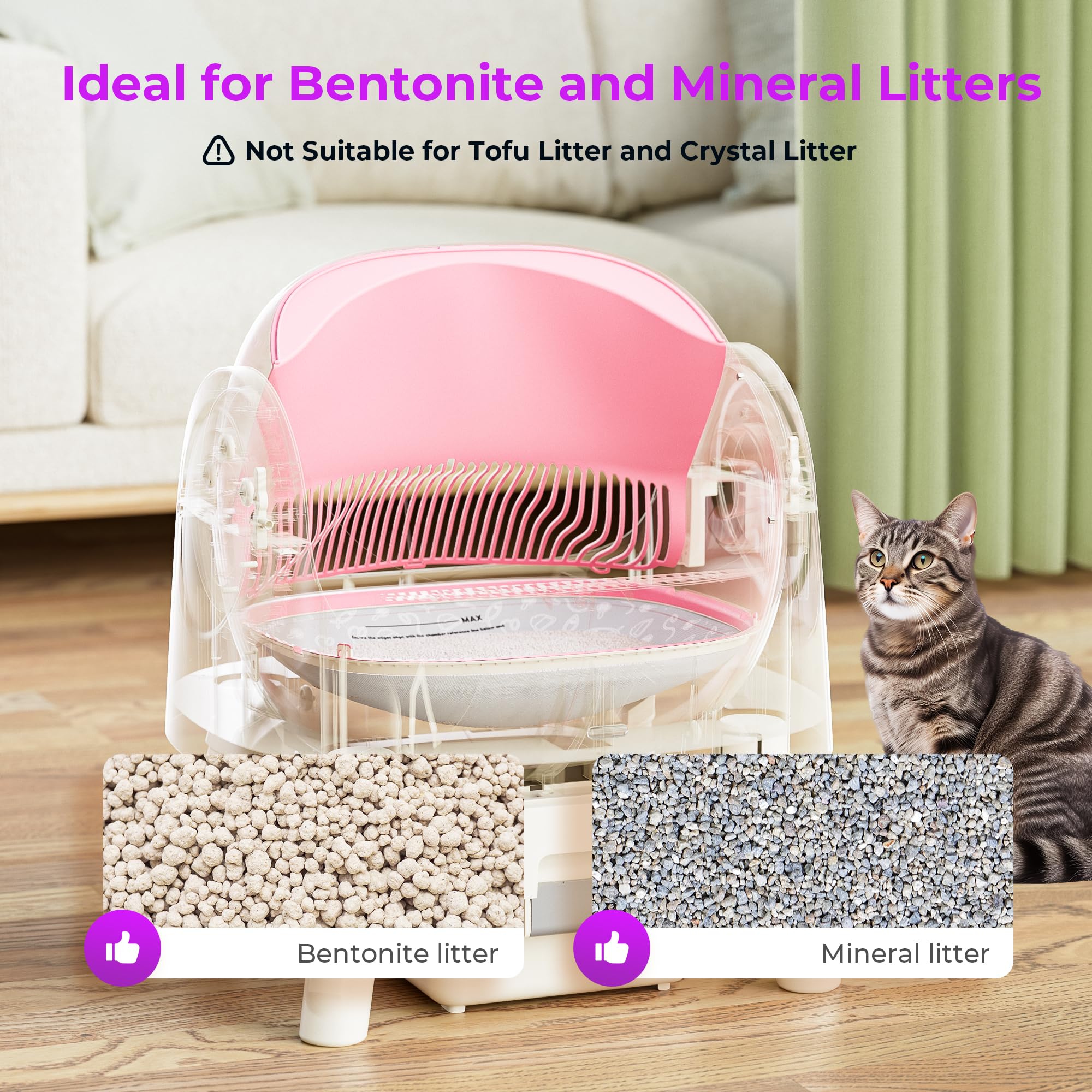 Self Cleaning Cat Litter Box, Open Top Automatic Litter Box For Multiple Cats, Liners And Mat Included, Pink