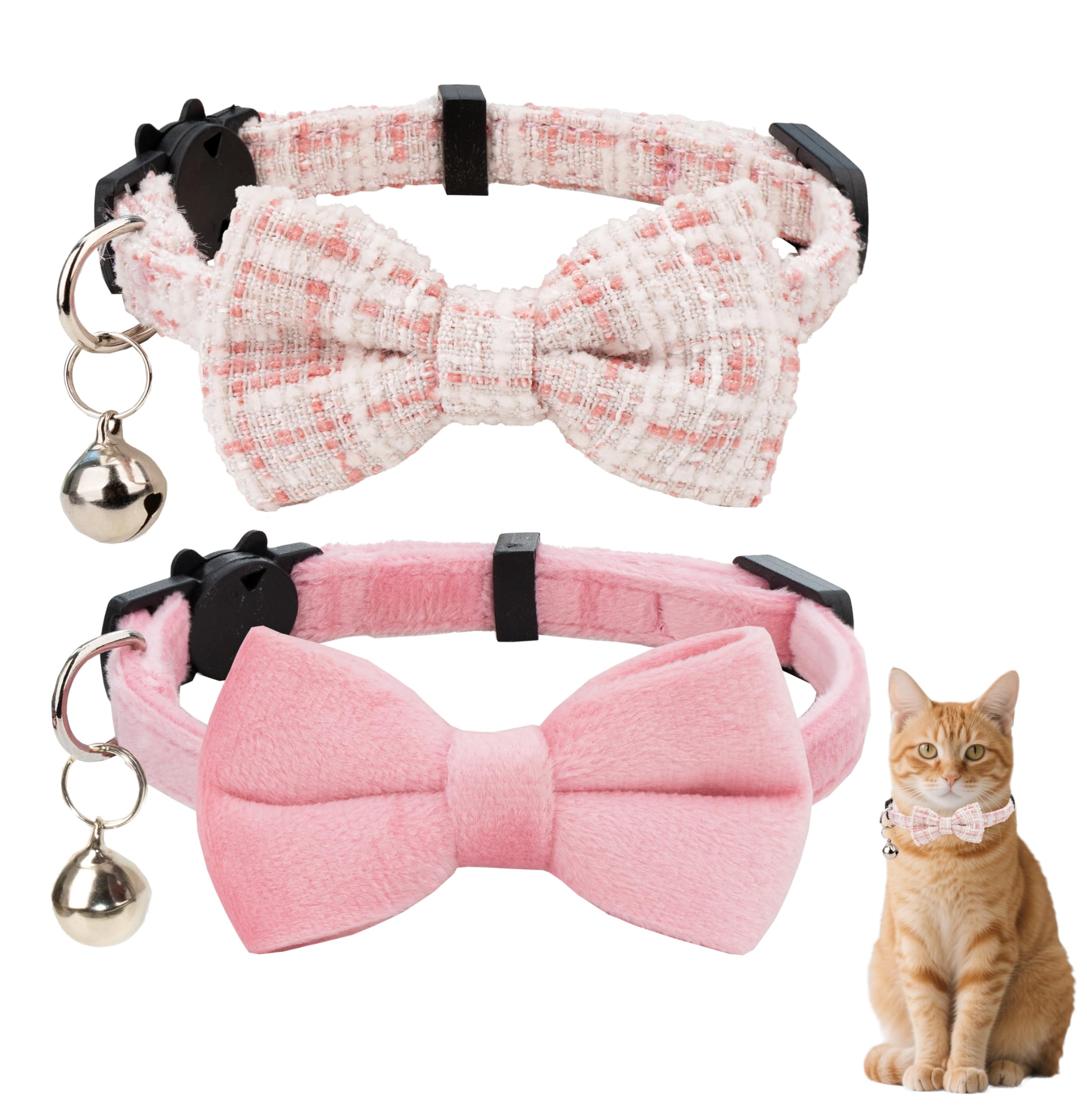 Gyapet Cat Collar Breakaway With Bell Boy Girl Kitten Bow Tie Safety Plaid Solid Color Set Cute Soft Summer B-[2Pcs] Pink