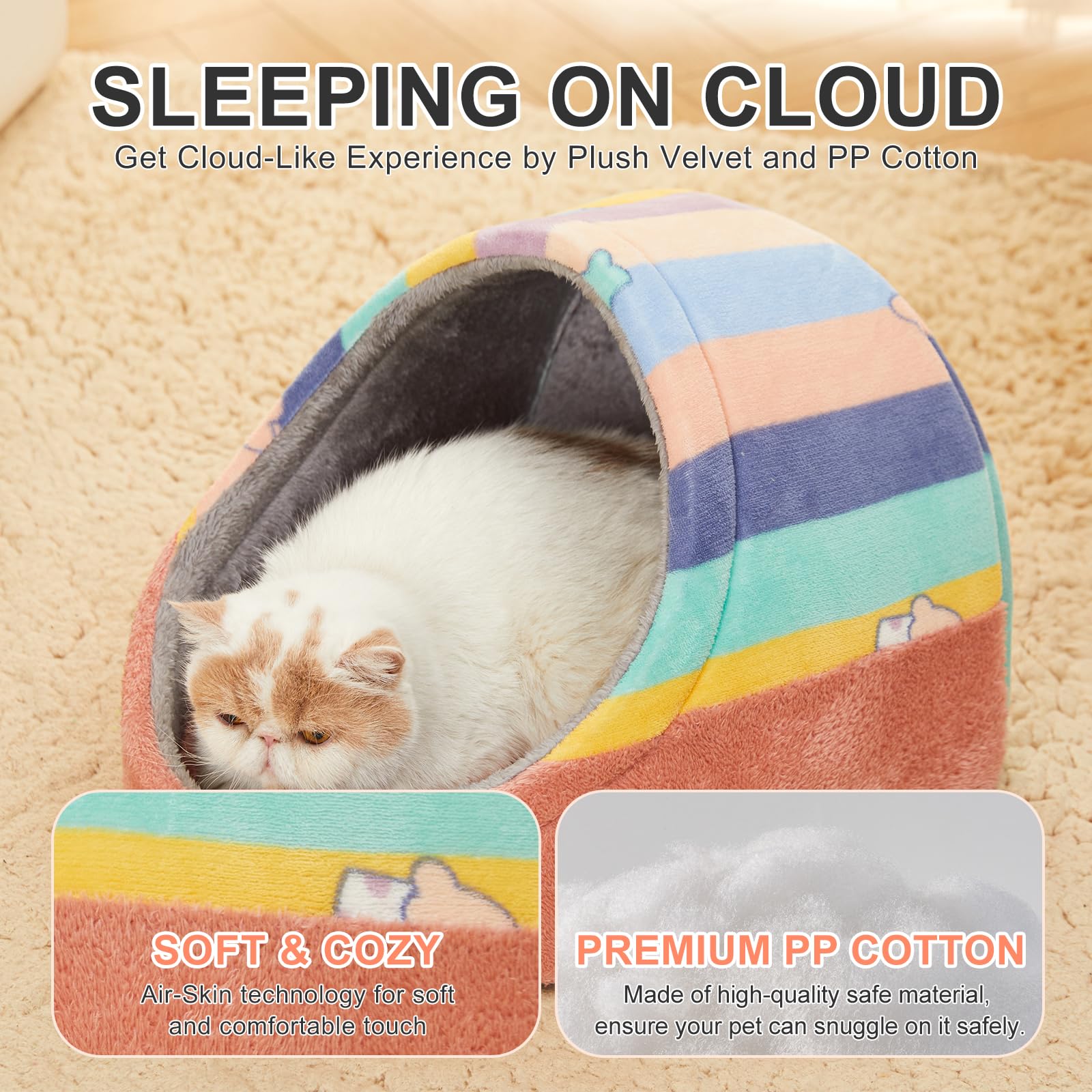 Jiupety Cute Cat Beds For Indoor Cats, Cat Cave Bed For Kittens, Hideaway Cat House & Tent With Anti-Slip Bottom, Washable Remov
