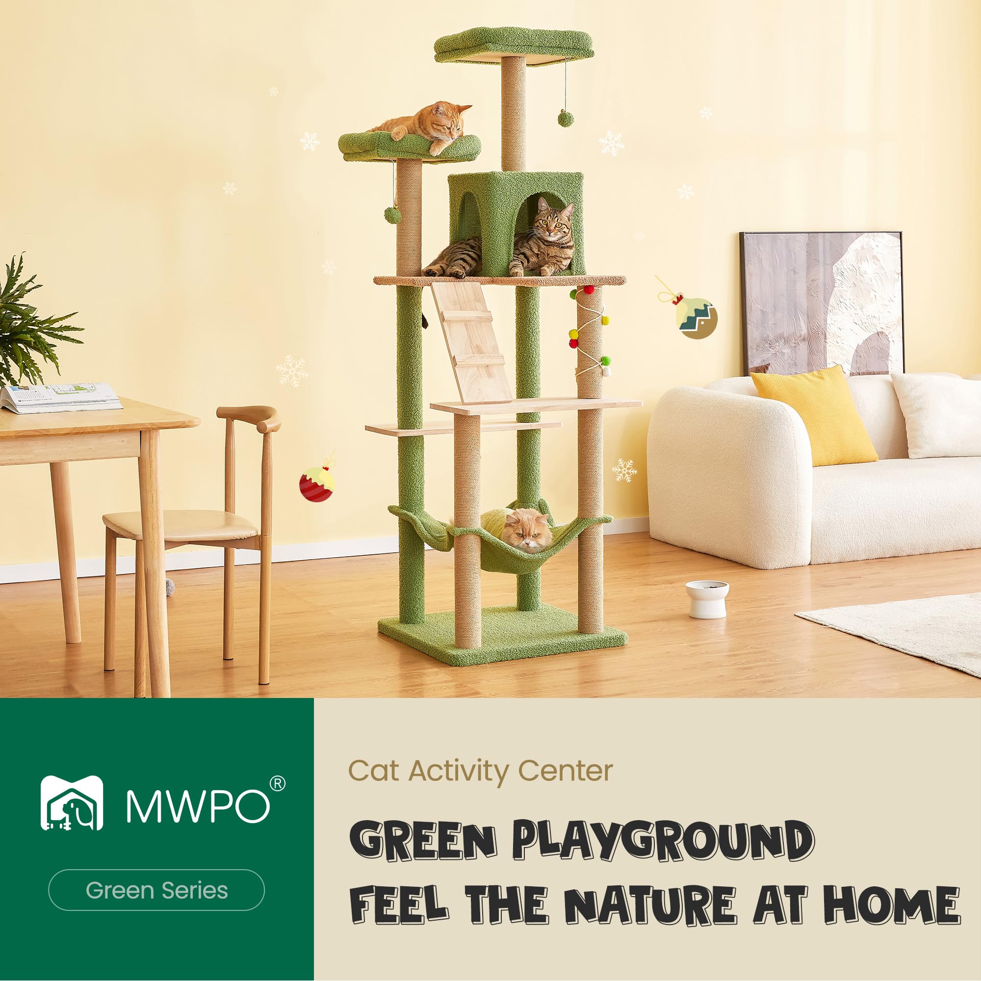 Mwpo Green Modern Cat Tree, 70.1-Inch Large Wood Cat Tower For Indoor Cats, Multi-Level Tall Cat Condo With 2 Padded Perches, Ha