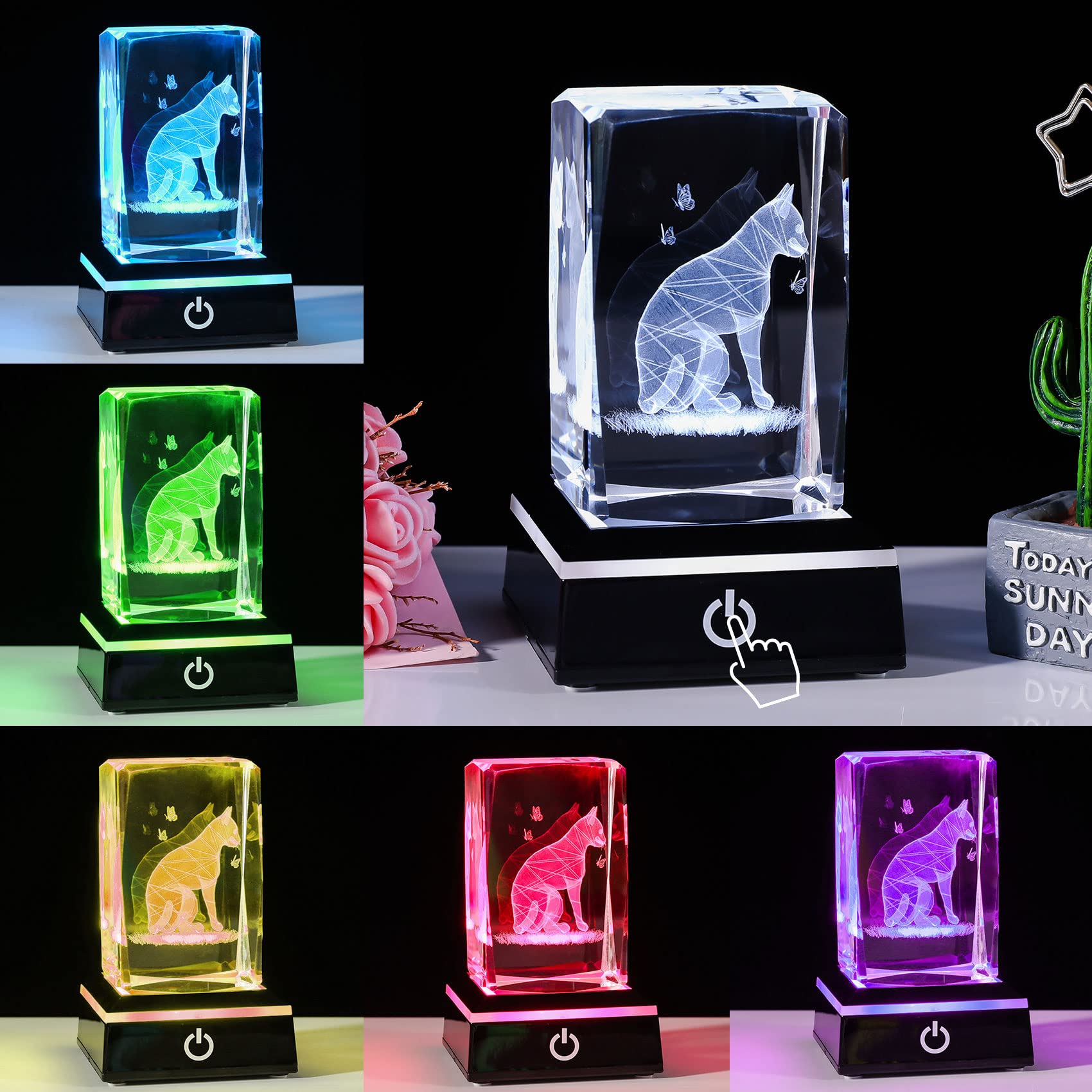 Qianwei Cat Gifts For Cat Lovers Women Girls, 3D Crystals Cat Memorial Figurines Statue Cat Themed Gifts Home Decor Anime Black