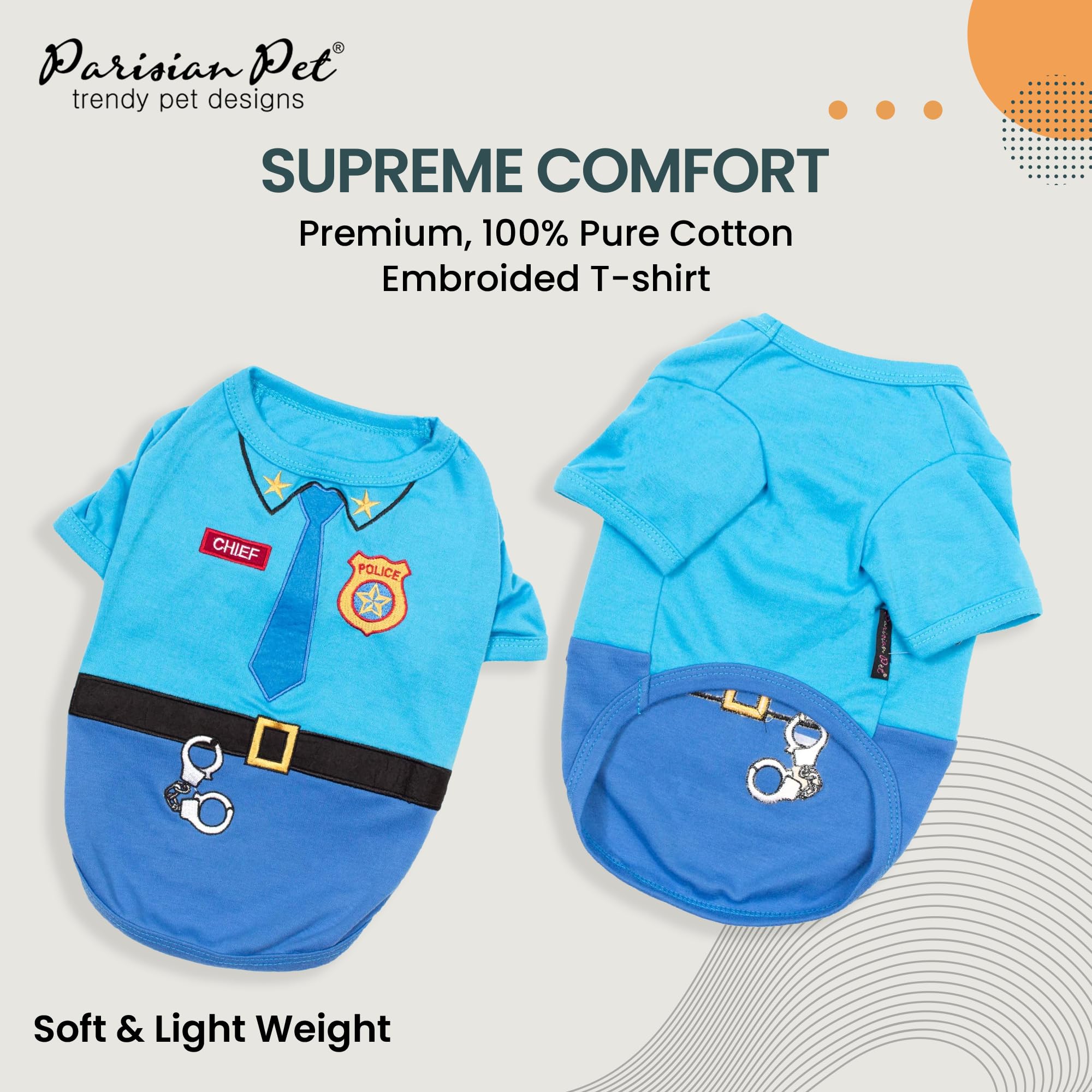 Parisian Pet Dog Shirt - Embroidered Dog Police Costume - 100% Cotton And Polyester Pet Clothes - Sleeved Dog Costume Halloween Outfit - Blue Dog Costumes For Small Dogs S
