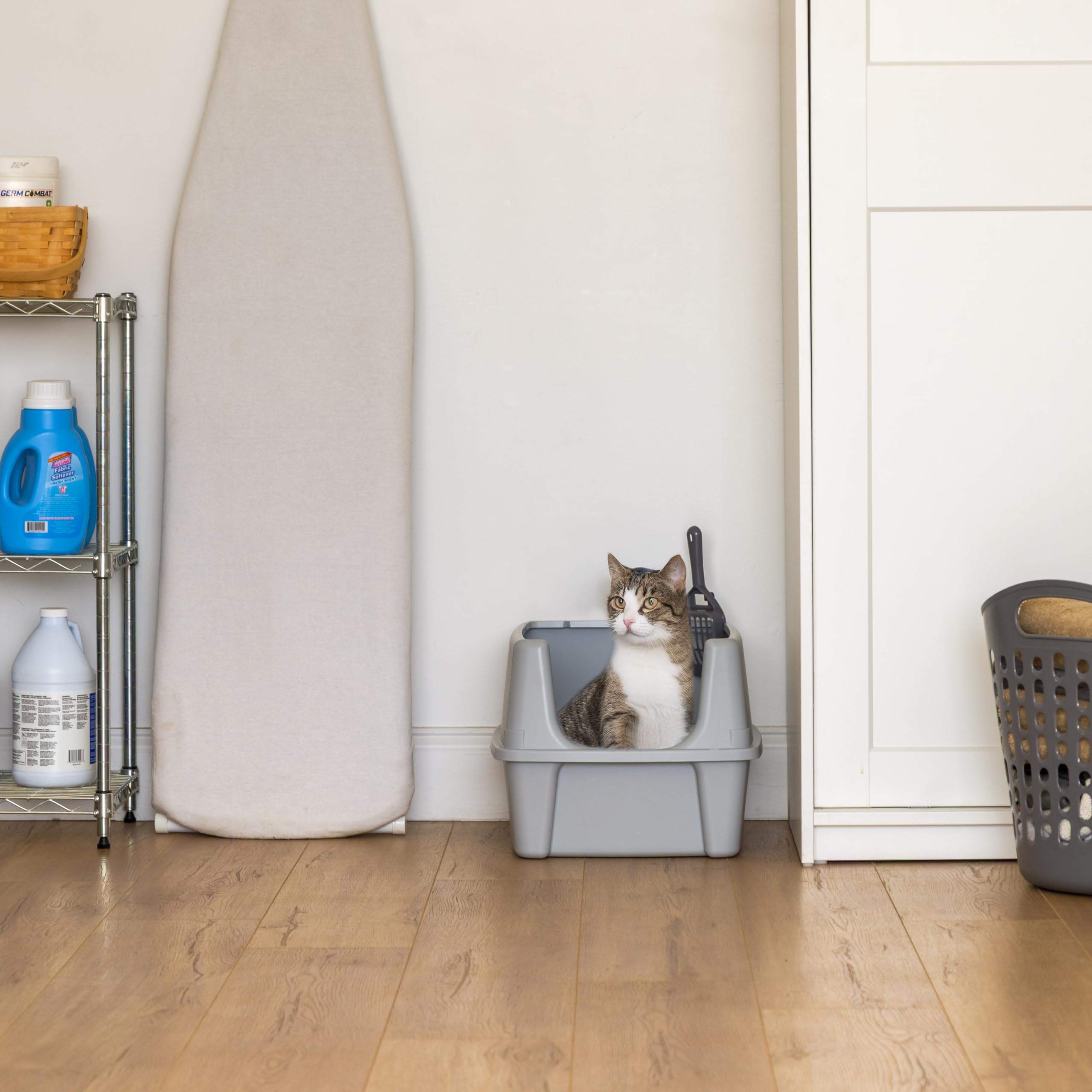 Iris Usa Large Cat Litter Box With Scatter Shield And Scoop, Open Top High Sided Cat Litter Pan, Silver