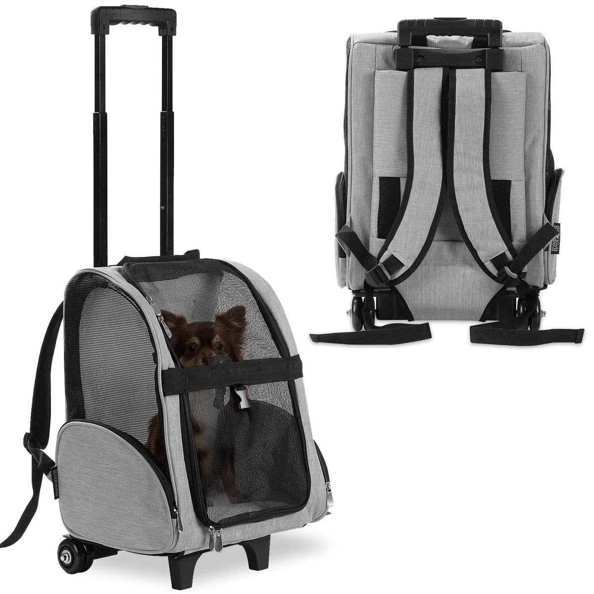 Kopeks Deluxe Backpack Pet Travel Carrier With Double Wheels - Heather Gray - Approved By Most Airlines