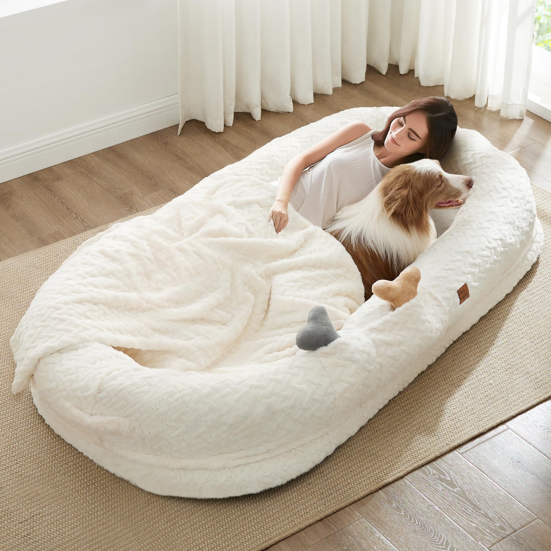 ChiXnuggle Human Dog Bed for Adult - Luxury Faux Fur Giant Size Dog Bed with Portable Handle, Egg Orthopedic Foam Bed with Blank