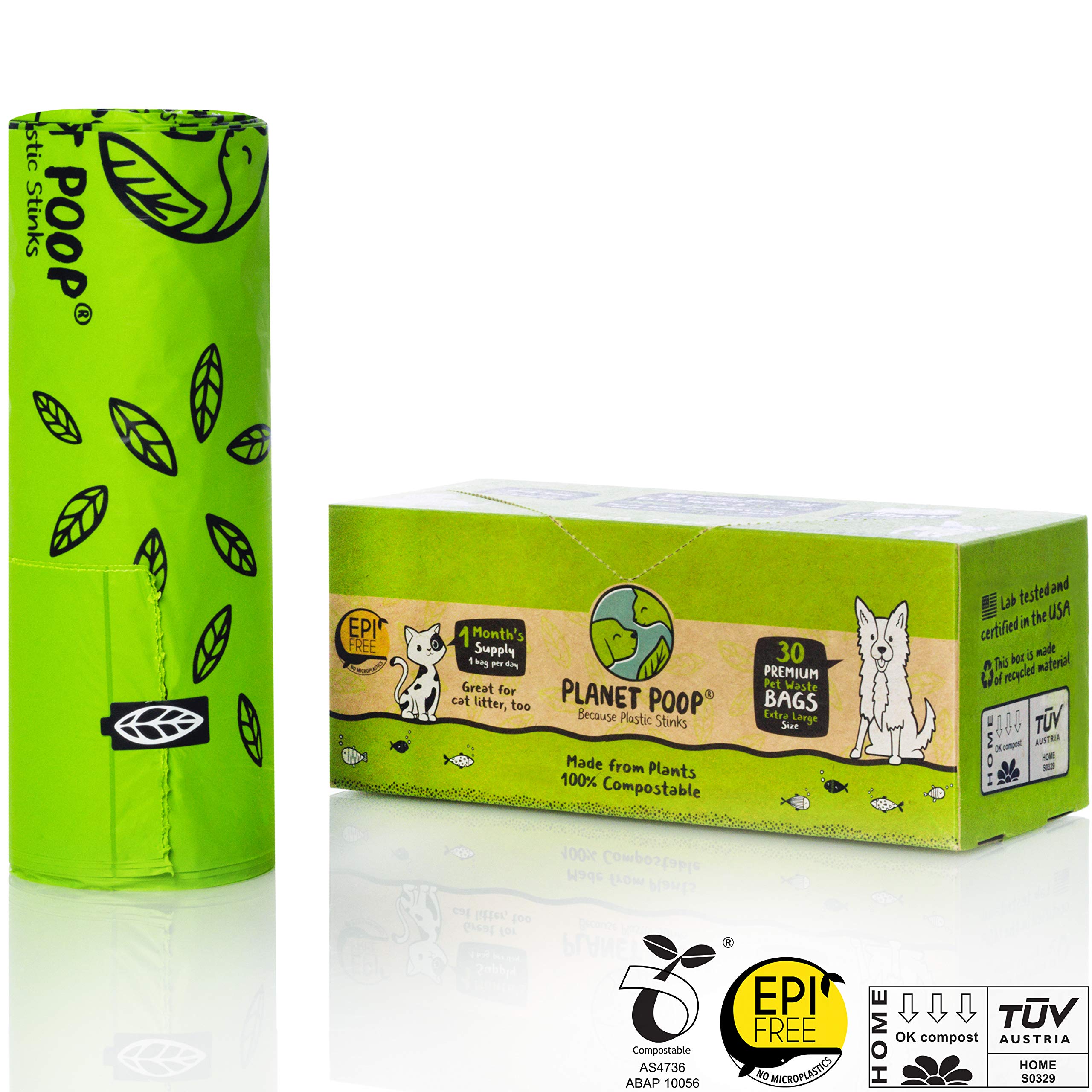Planet Poop Home Compostable Dog Poop Bags, 30 Count, Xl Sized Cat Litter Box Clean-Up With Handles, Biodegradable For Dogs Extr