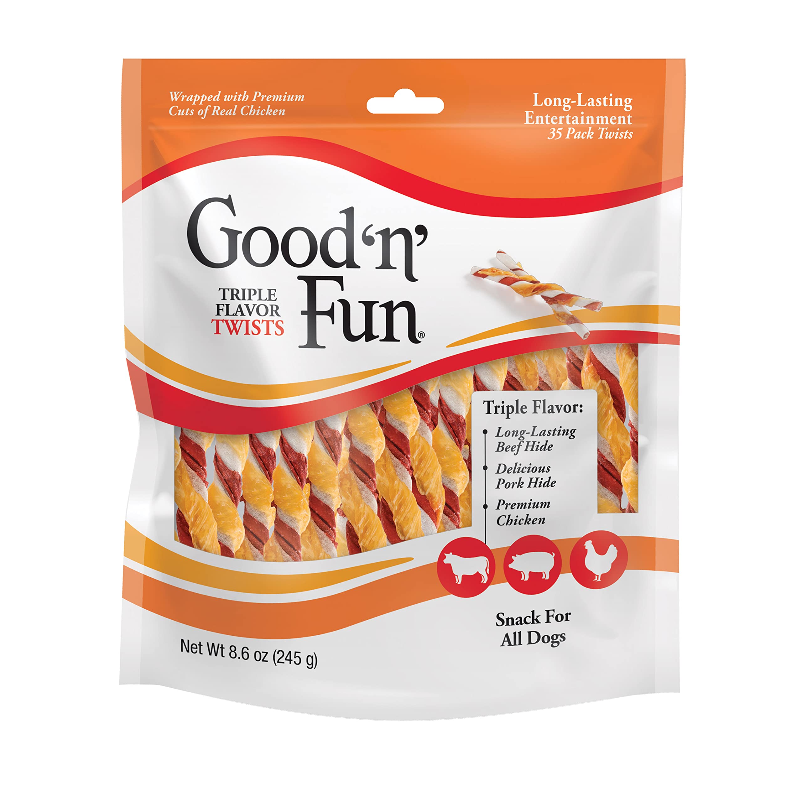Good N Fun Triple Flavor Twist Rawhide Treats For Dogs, 35 count