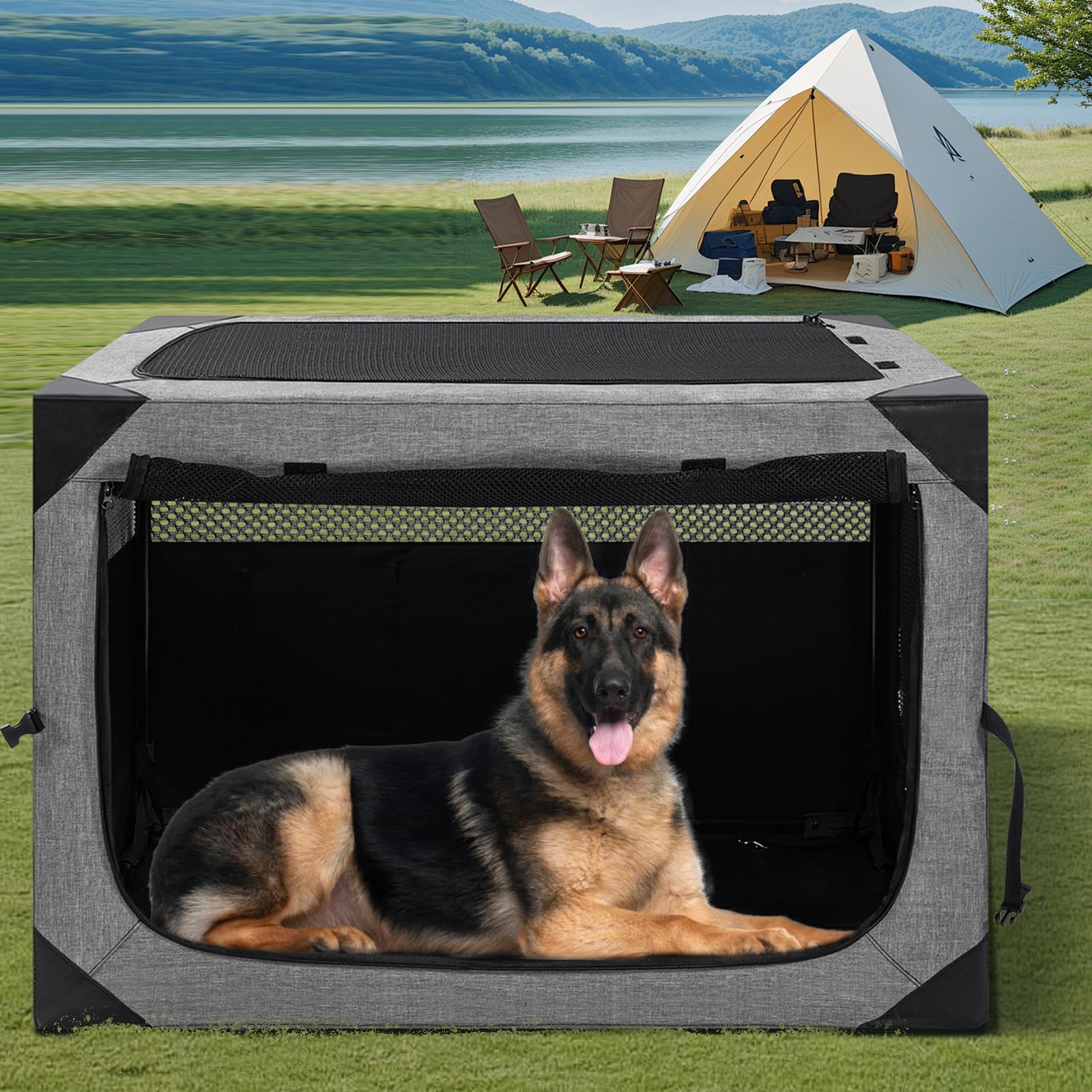 36 Inch Portable Travel Dog Crate, 3 Door Collapsible Soft Pet Kennel with Durable Mesh Windows for Medium Dogs, Foldable Dog Ca