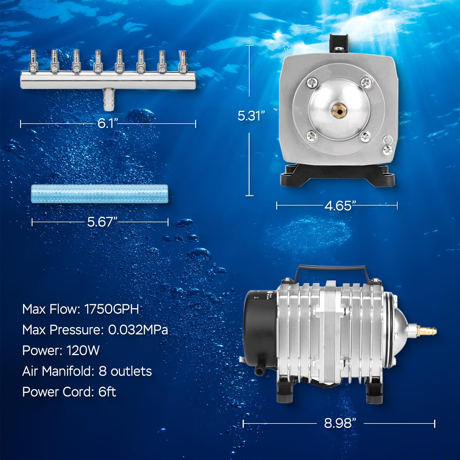 Aquamiracle Commercial Aquarium Air Pump - 1750Gph, 120W Air Pump For Fish Tank, Hydroponic & Pond Aerator