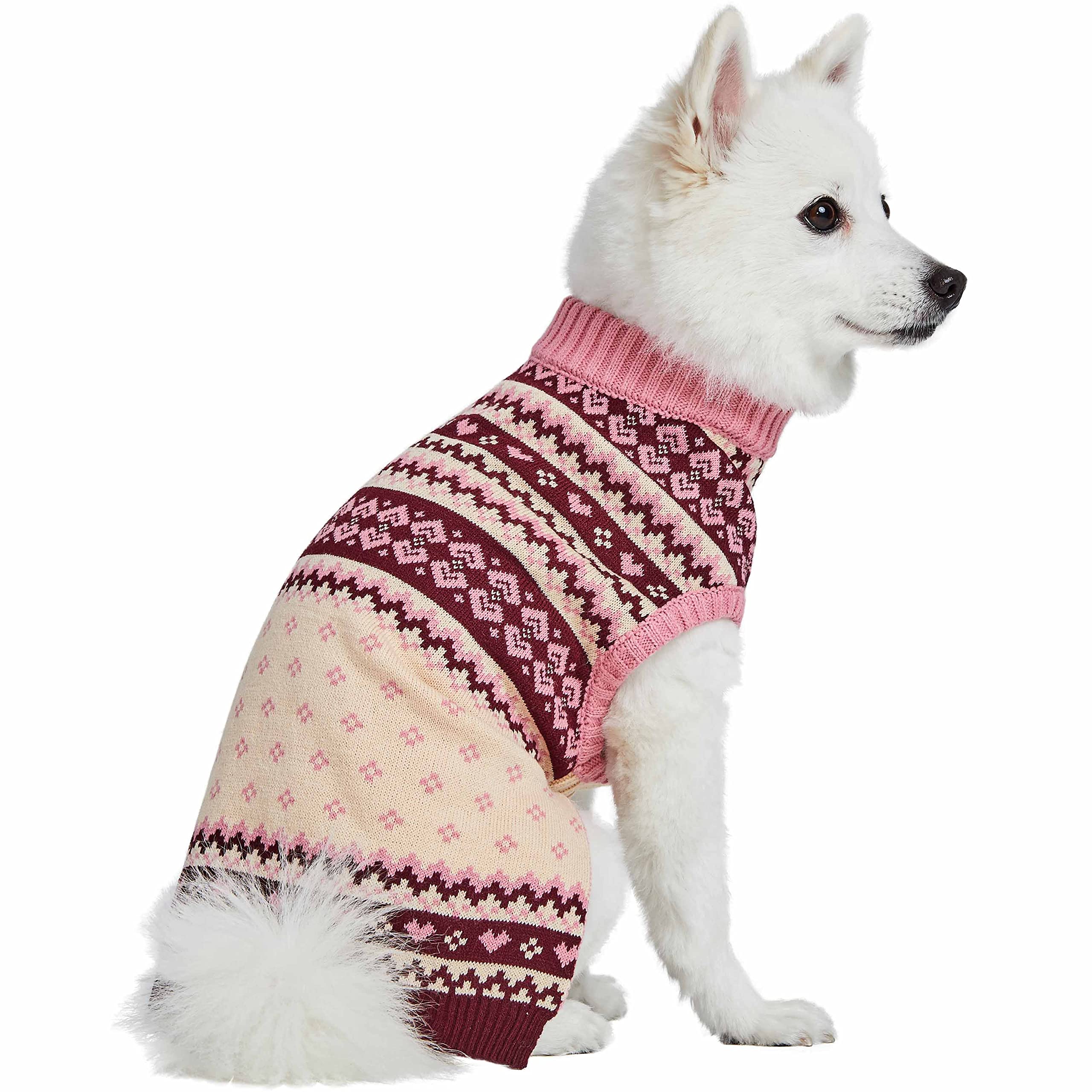 Blueberry Pet Heart Designer Chic Turtleneck Fair Isle Fall Winter Pullover Dog Sweater In Pink, Back Length 22', Warm Clothes For Large Dogs