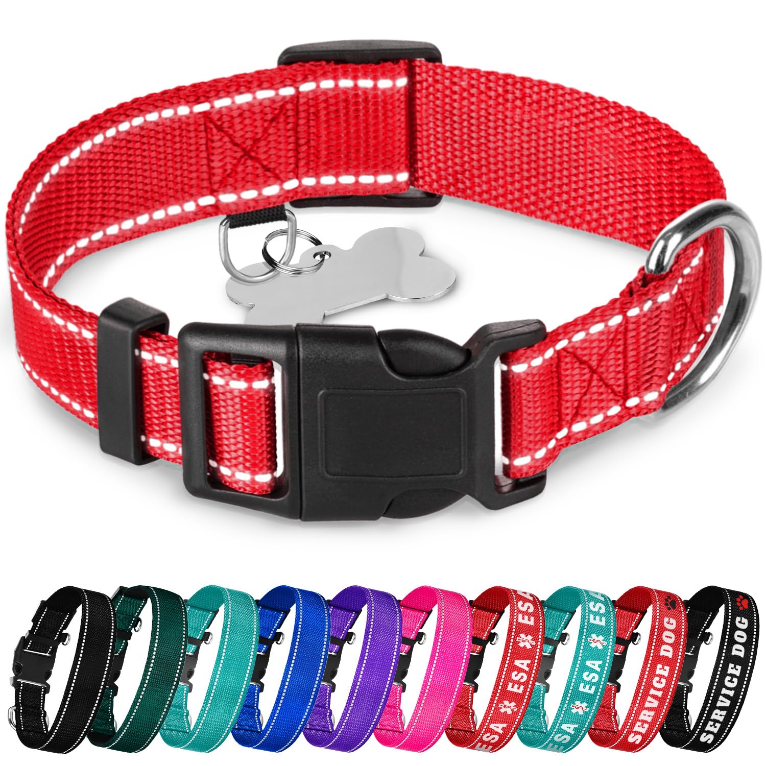 Teceum Reflective Dog Collar - Red - Xxs - Basic Nylon Pet Collar - Quick Release Buckle - Fits Small, Medium And Large Dogs, Pu