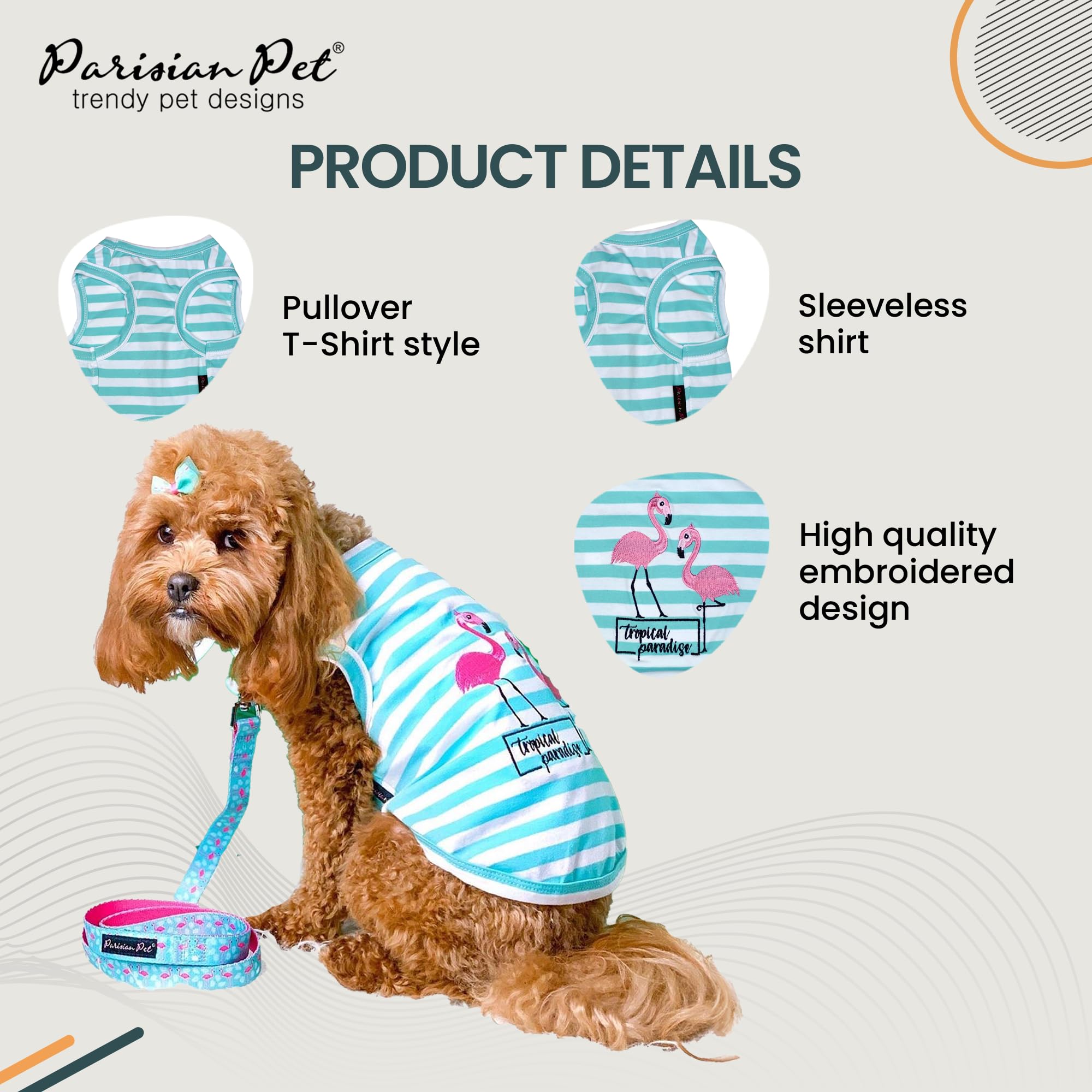 Parisian Pet Dog Tshirt - Embroidered  Flamingos  Tank Top - 100% Cotton And Lightweight Dog Clothes - Sleeveless Tee Shirts - M