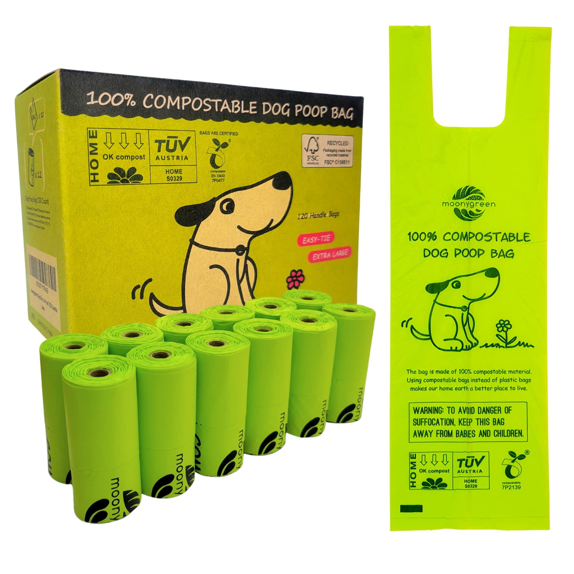Moonygreen Dog Poop Bag, Compostable Doggie Poop Bags With Handles, Easy-Tie Pet Waste Bags, Eco-Friendly, Unscented, Vegetable-
