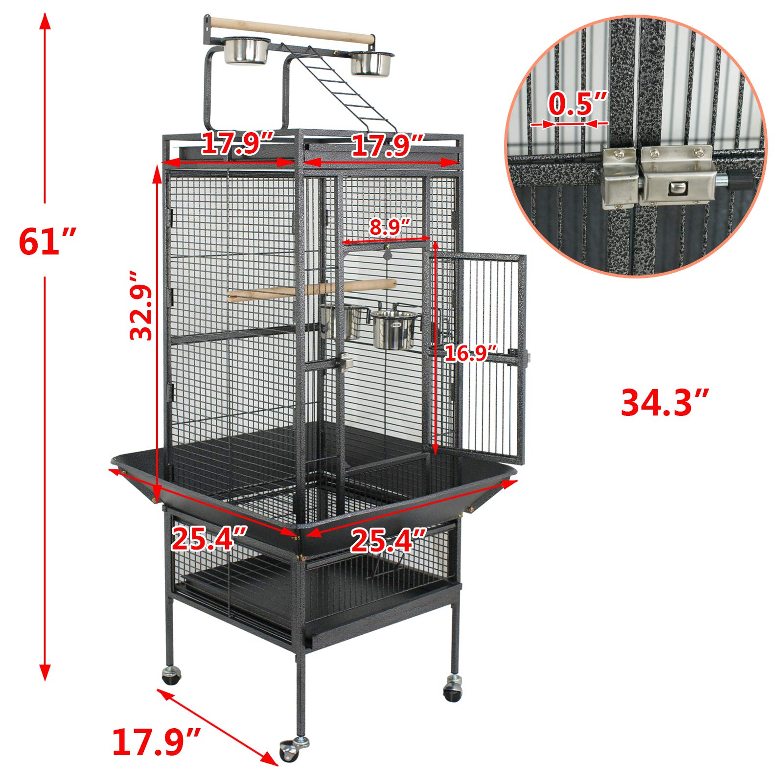 Super Deal Pro 61-Inch 2In1 Large Bird Cage With Rolling Stand Playtop Parrot Chinchilla Finch Cage Macaw Conure Cockatiel Cockatoo Pet House Wrought Iron Birdcage, Black