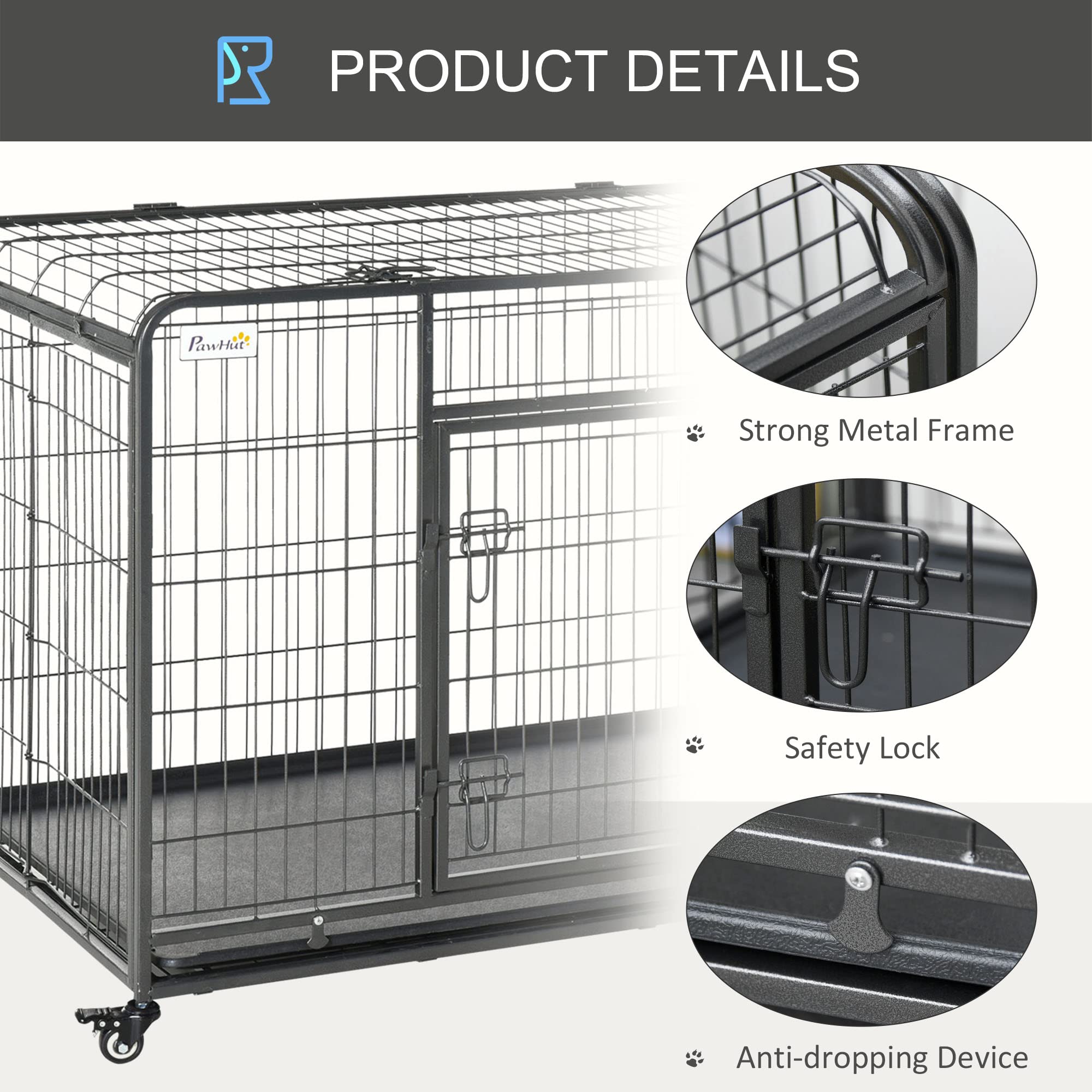 Pawhut Metal Dog Cage Kennel Locking Door & Wheels Removable Tray Openable Top For Extra Large Pets 125 X 76 X 81 Cm