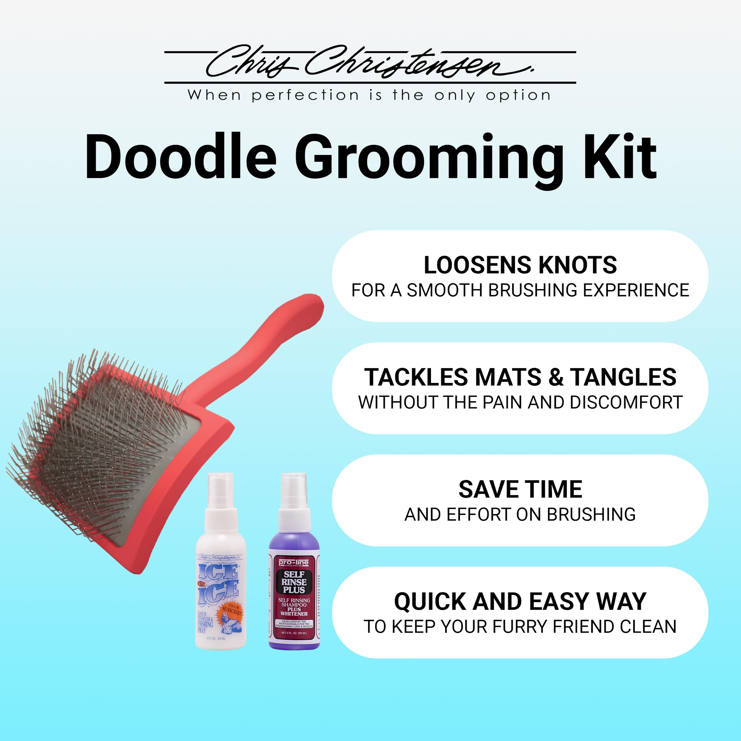 Chris Christensen Grooming Kit for Goldendoodles & Poodles - Slicker Brush, Detangling Spray, Red Nylon