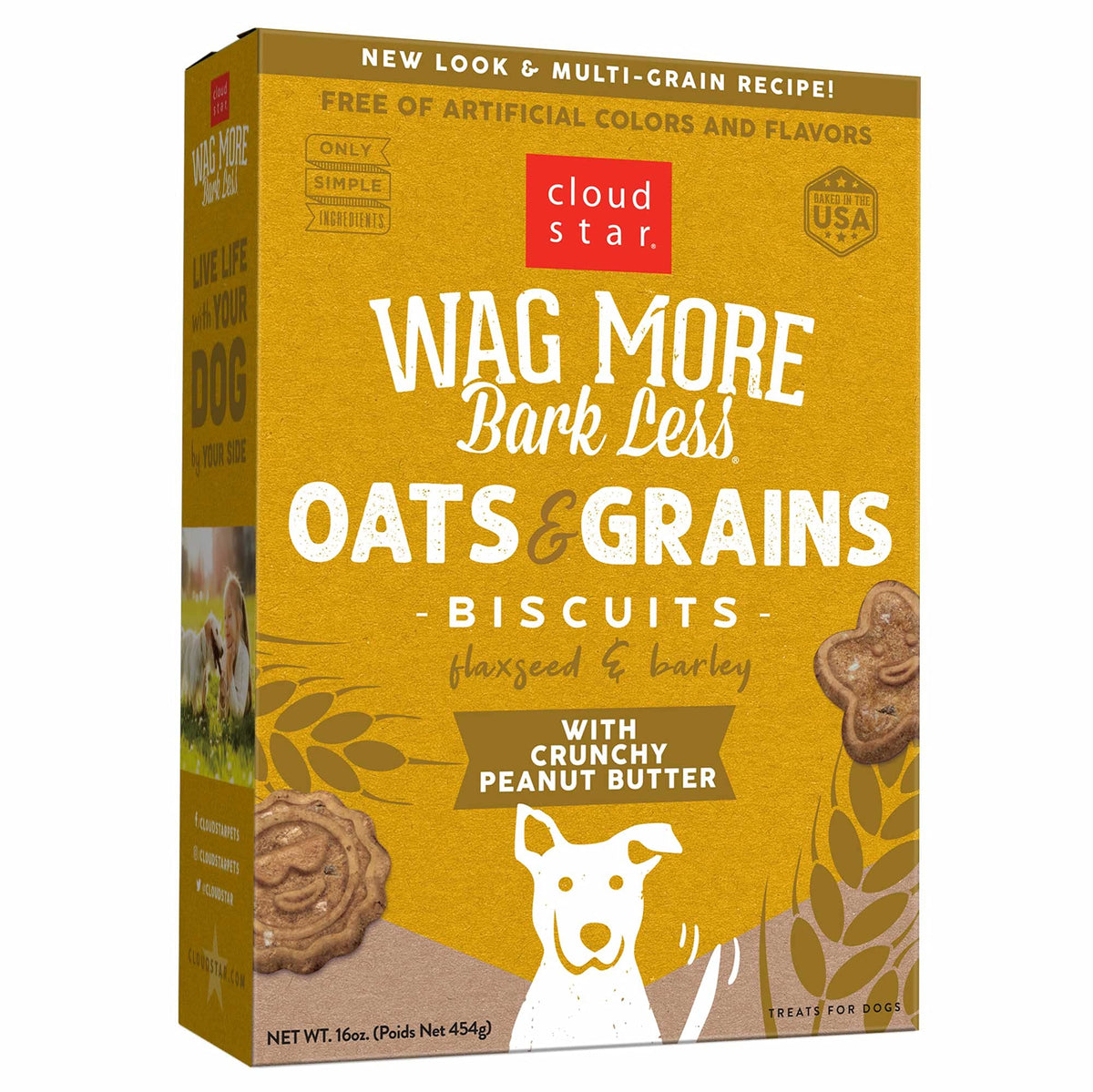 Cloud Star Wag More Bark Less Oats & Grains Crunchy Dog Treats, Peanut Butter, 16 Oz. Box