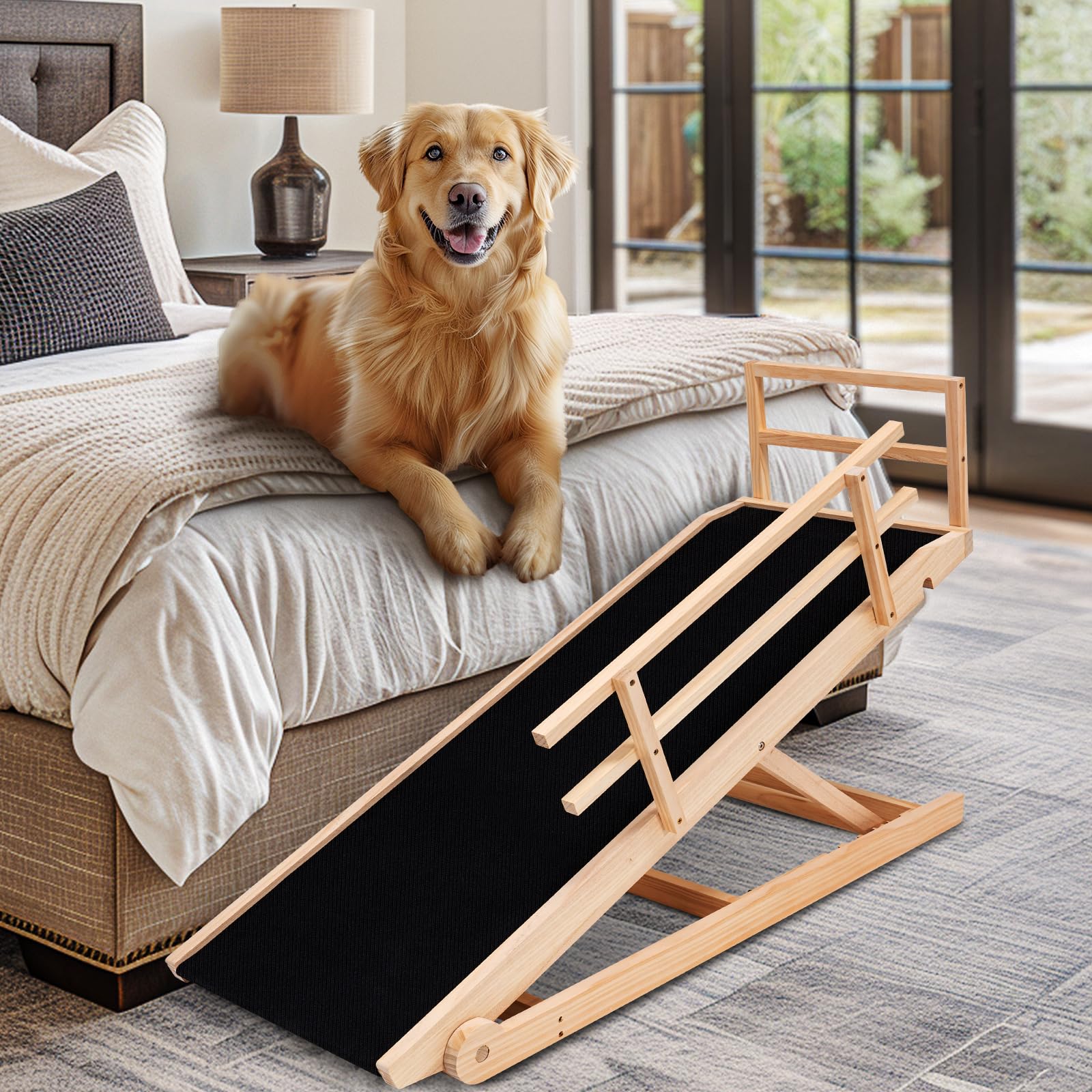 Dog Ramp, 5 Level Adjustable Wooden Folding Pet Ramp For Middle Bed, Couch,Suv-High Traction, Portable Paw Ramps For Small & Lar