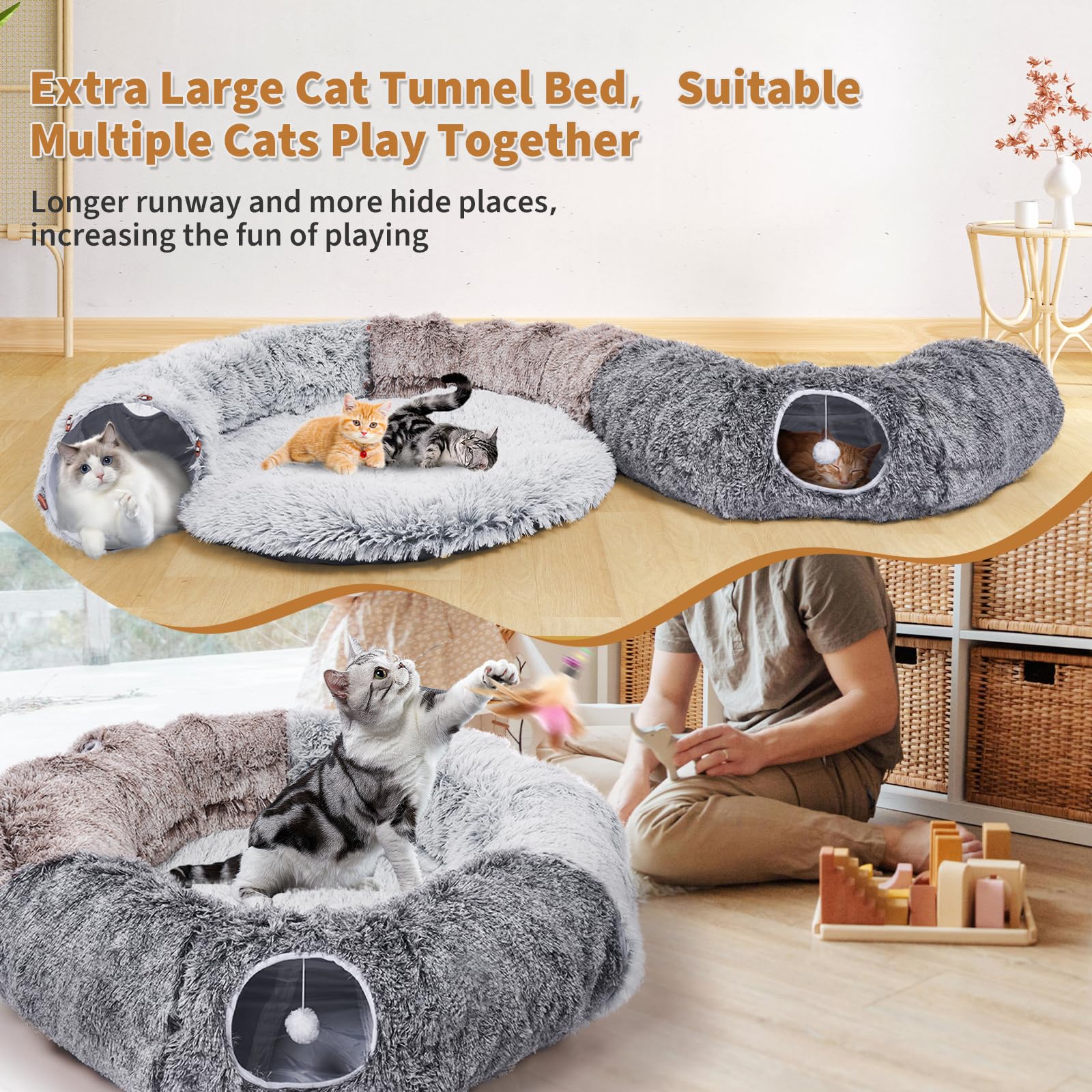 Odoland Large Cat Tunnel And Fluffy Bed - Indoor Detachable Cave With 20 Toys, Donut Tunnel And Variety Kitten Toy Set For Chewi