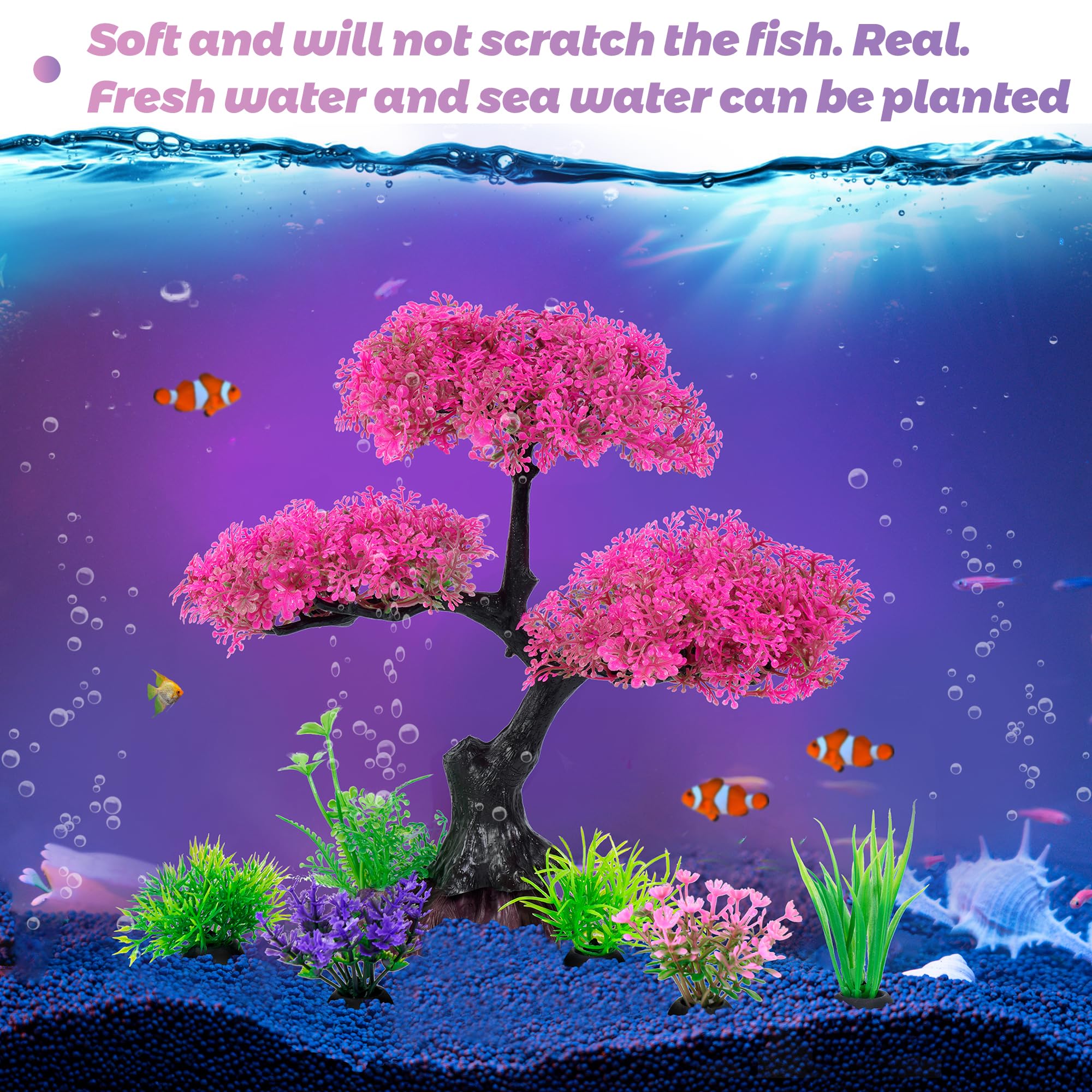 Ameliade Aquarium Artificial Plastic Plants Decoration, Pink Cherry Blossom Tree & Grass Aquarium Decor Set, Goldfish Betta Fish Tank Decorations Hides Accessories(Pink