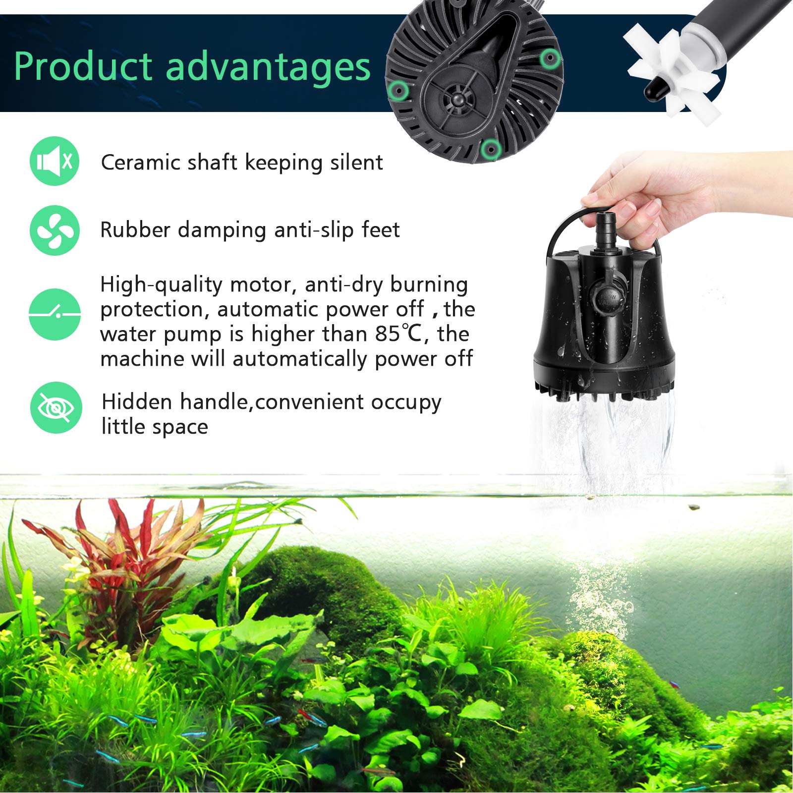 AQQA Submersible Water Pump,660GPH 2500L Aquarium Pump Ultra-quiet Fountain Pump,Adjustable Flow Rate With High Lift,2 Nozzles 6