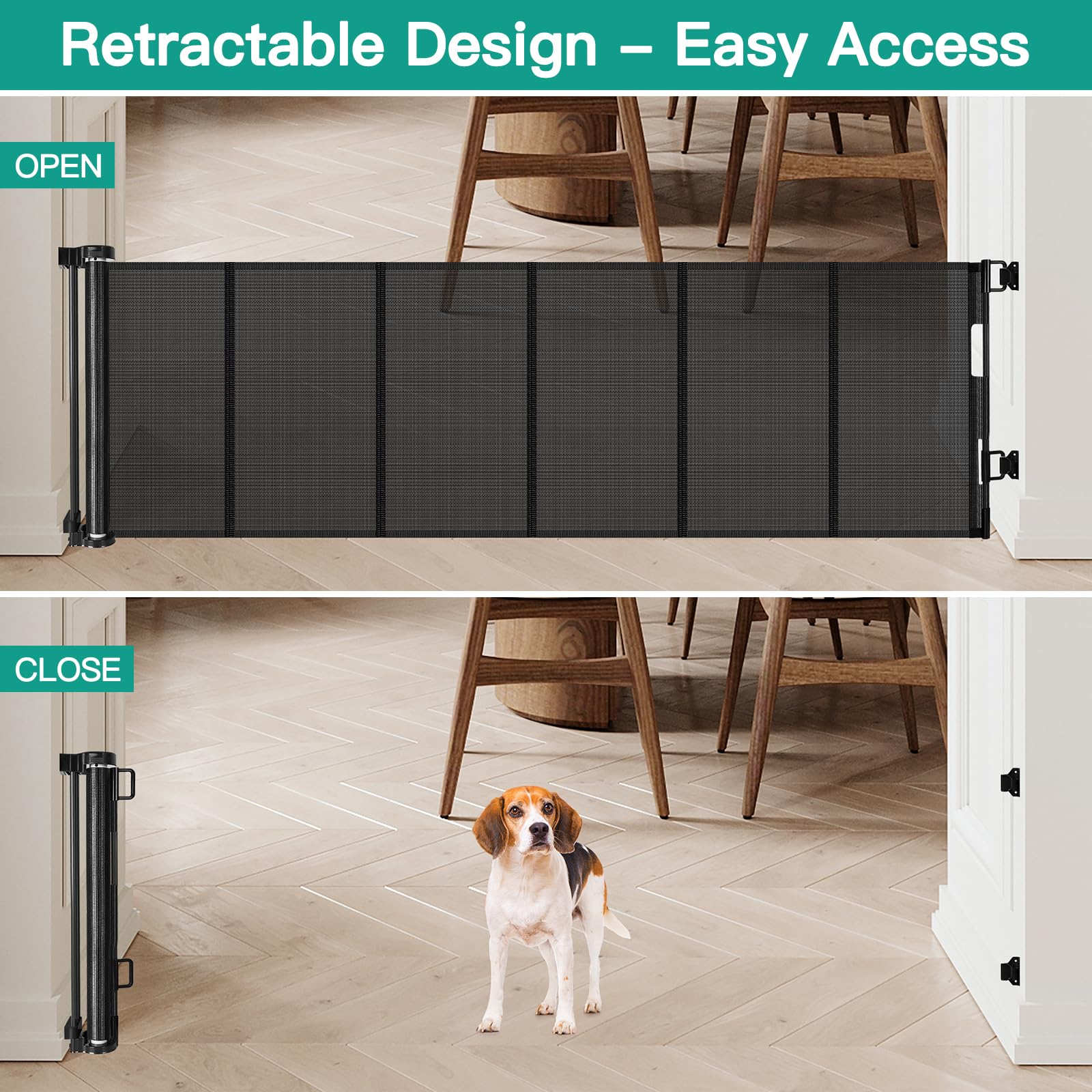24 Inch Tall x 75 Inch Extra Wide Retractable Dog Gate for The House, Short Dog Gate to Step Over, Reinforced Mesh Puppy Gate fo