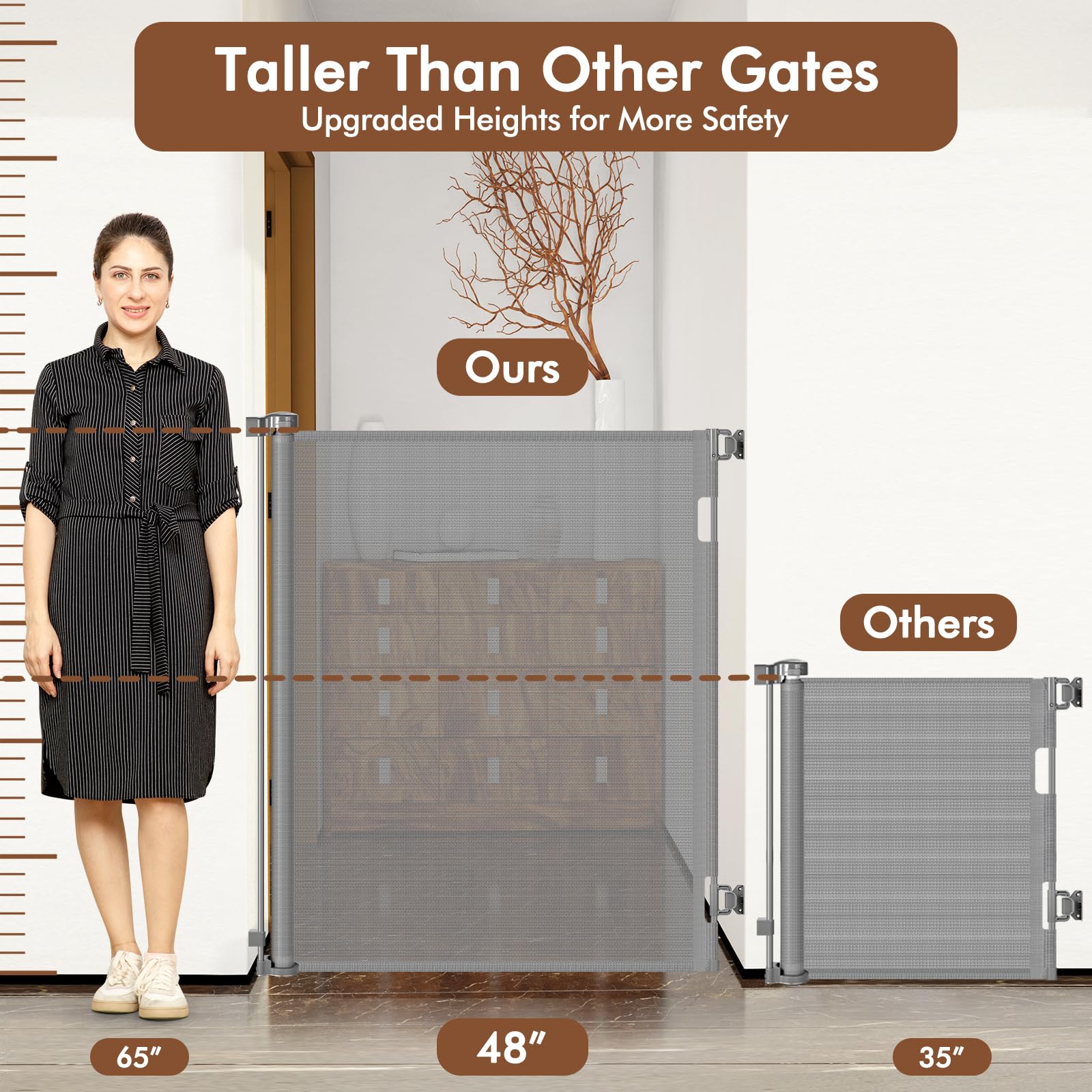 48 Inch Extra Tall Dog Gate, Extends to 55'' Wide, Extra Tall Retractable Baby Gates for Doorways Extra Tall Pet Gate Indoor Mes