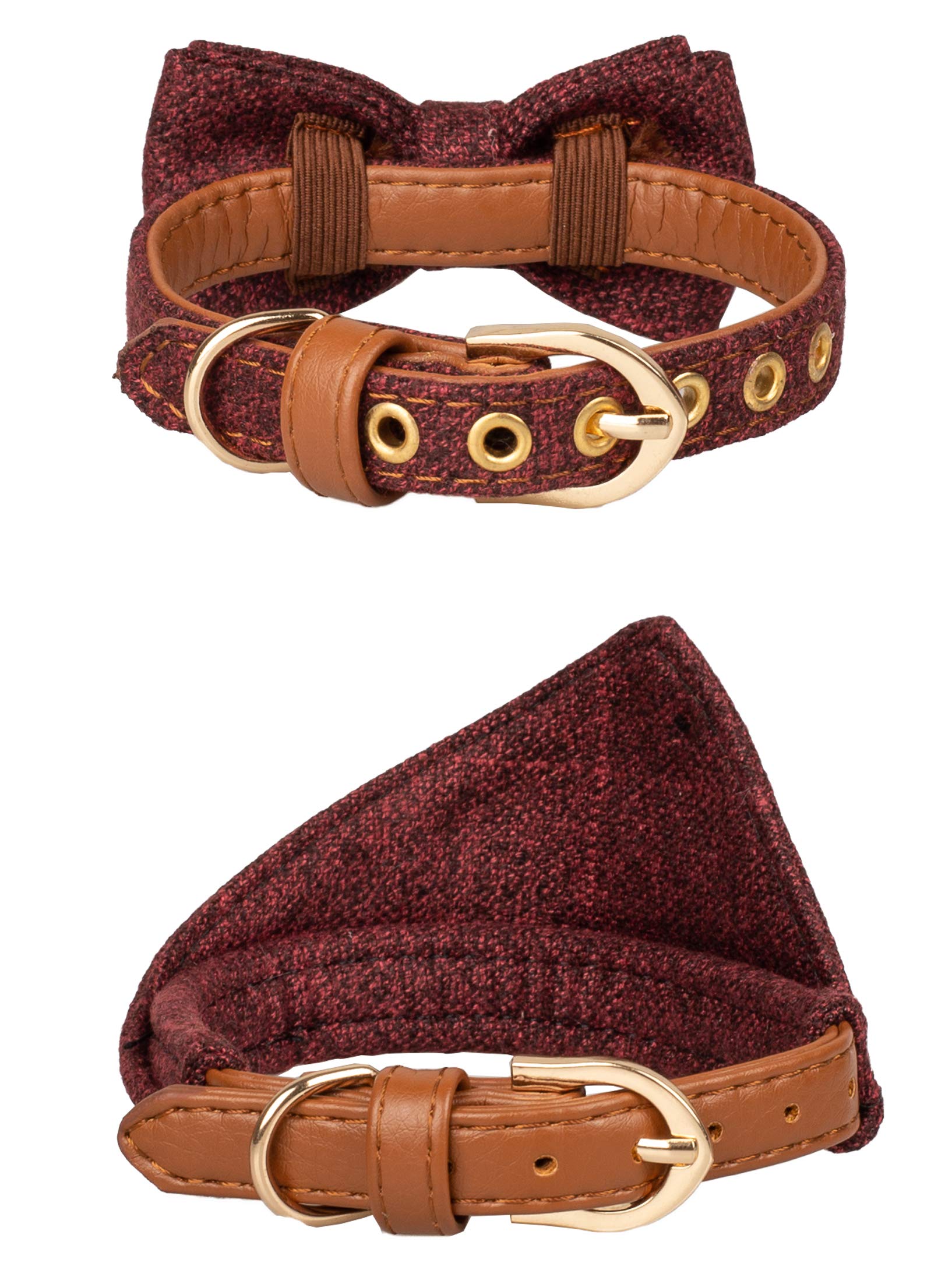 Gyapet Small Dog Collar Puppy Cat Tiny Pet Bow Tie & Bandana 2Pcs Set Pu Leather Canvas Scarf Durable Red Classic