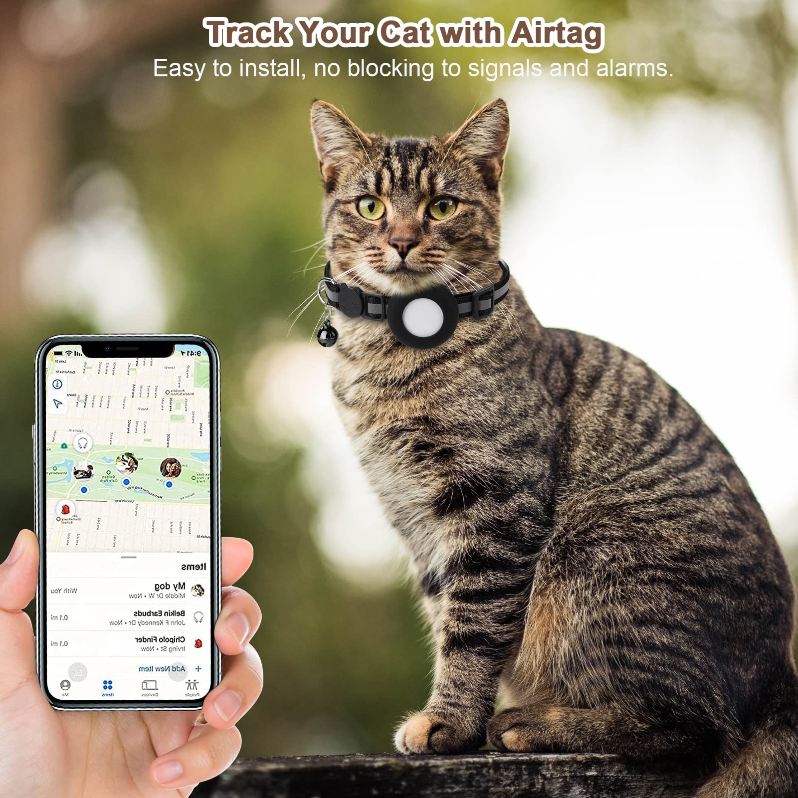 Airtag Cat Collar, Air Tag Cat Collar With Bell And Safety Buckle In 3/8'' Width, Reflective Collar With Waterproof Airtag Holde