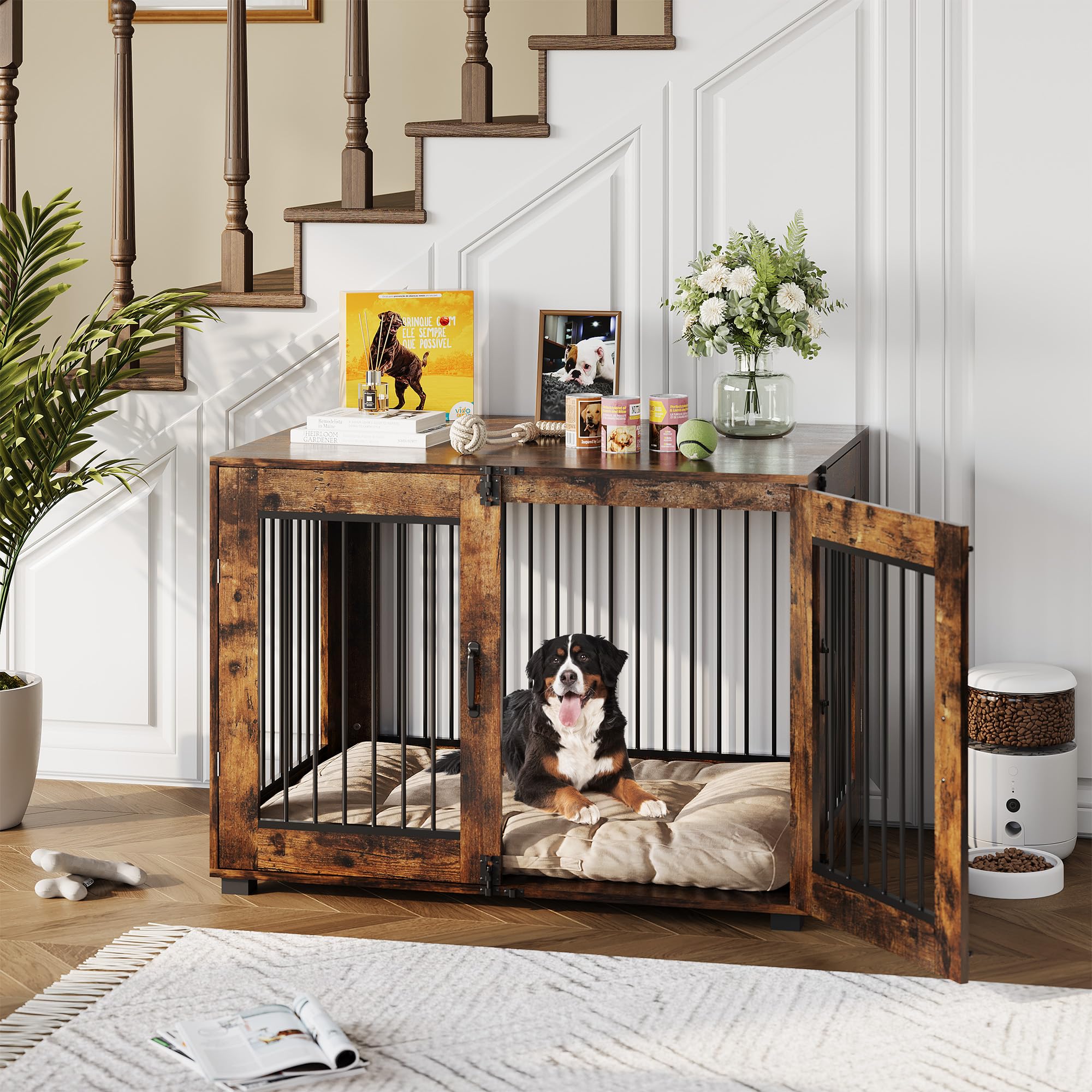 GarveeHome Dog Crate Furniture, 31.5 L Wooden Dog Kennel for Indoor Use, Stylish Dog Cage End Table for Medium Dogs, Decorative 