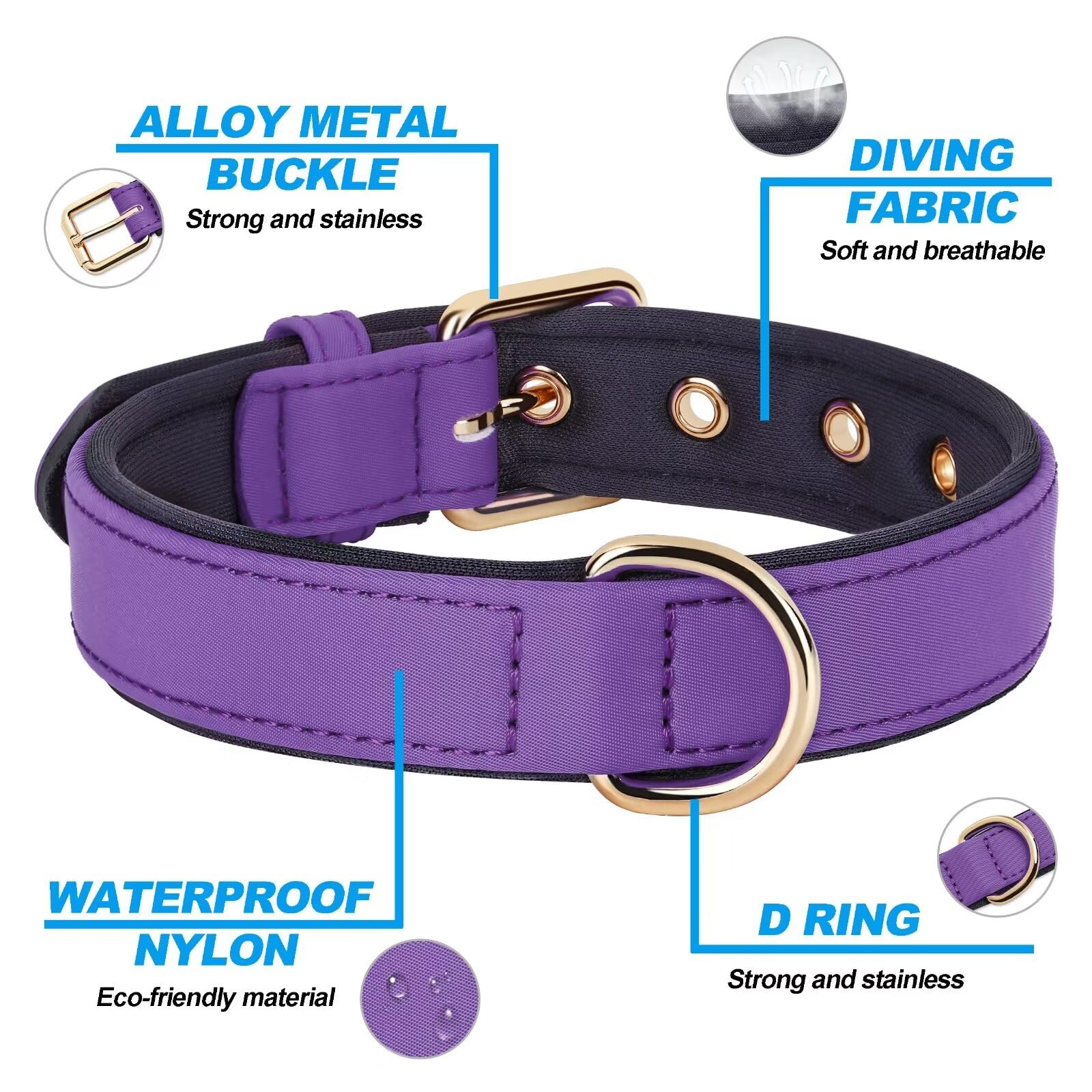 Didog Soft Padded Dog Collars For Medium Dogs, Lightweight And Breathable Purple Dog Collar Waterproof With Metal Buckle, Purple