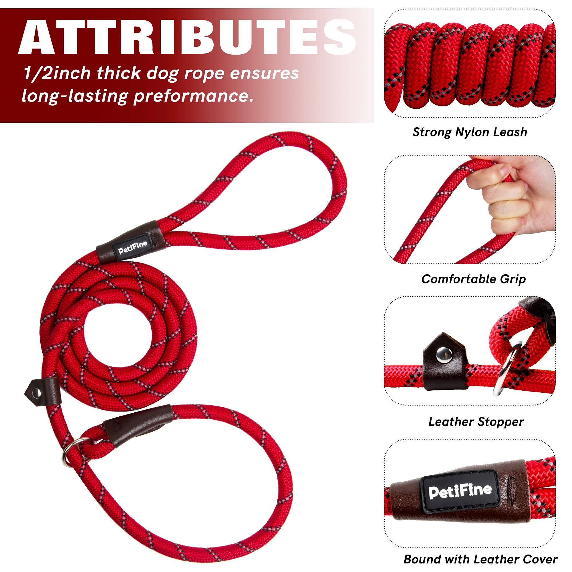 Petifine Slip Lead Dog Leash, Full Reflective Slip Knot Dog Training Leashes, Heavy Duty Adjustable Pet Nylon Slip Loop Leash For Small Medium Large Dogs(Red)