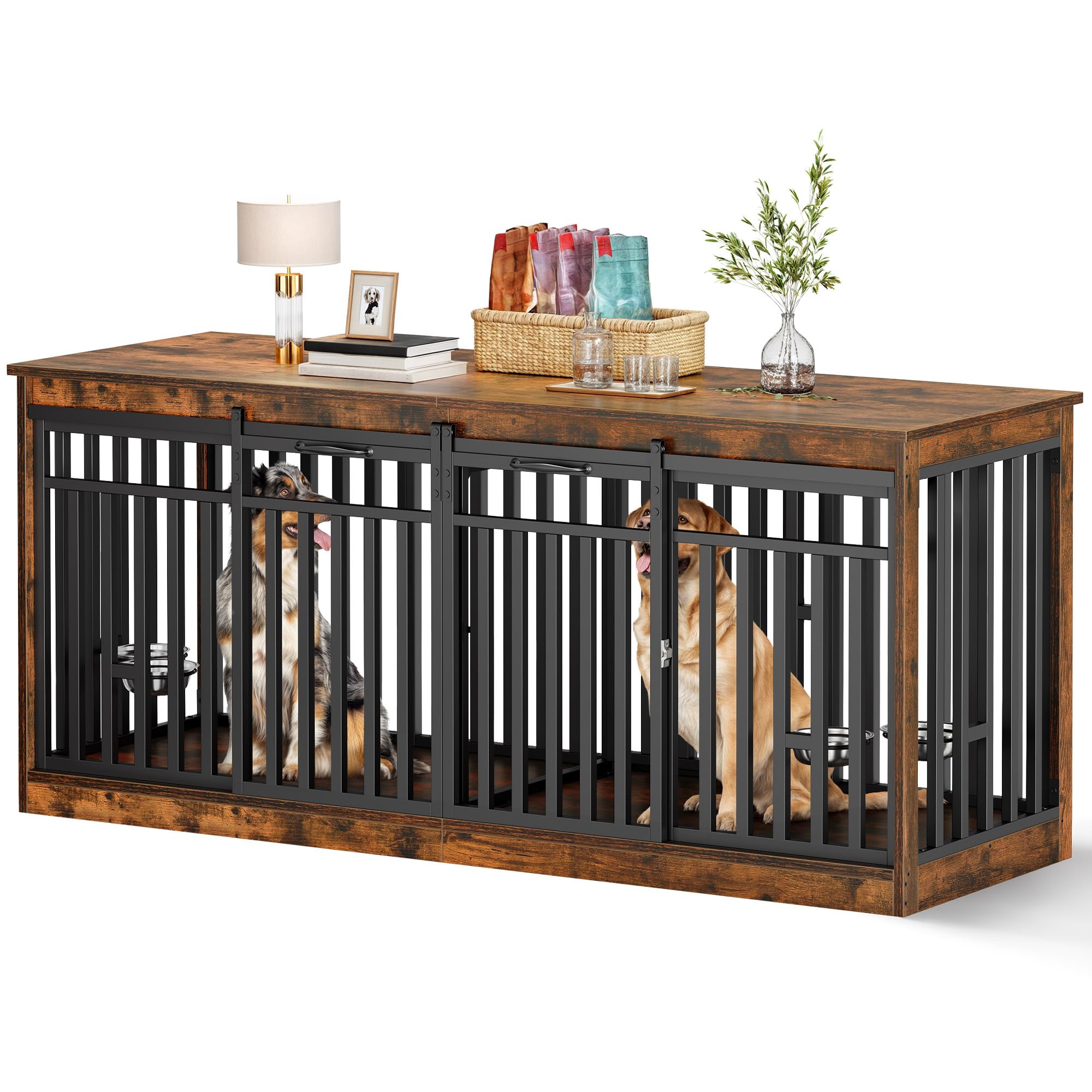 DWVO Double Dog Crate Furniture for 2 Medium Dogs, Heavy Duty Engineered Wood, Rustic Brown, 70.9"L x 23.6"W x 31.5"H, Model