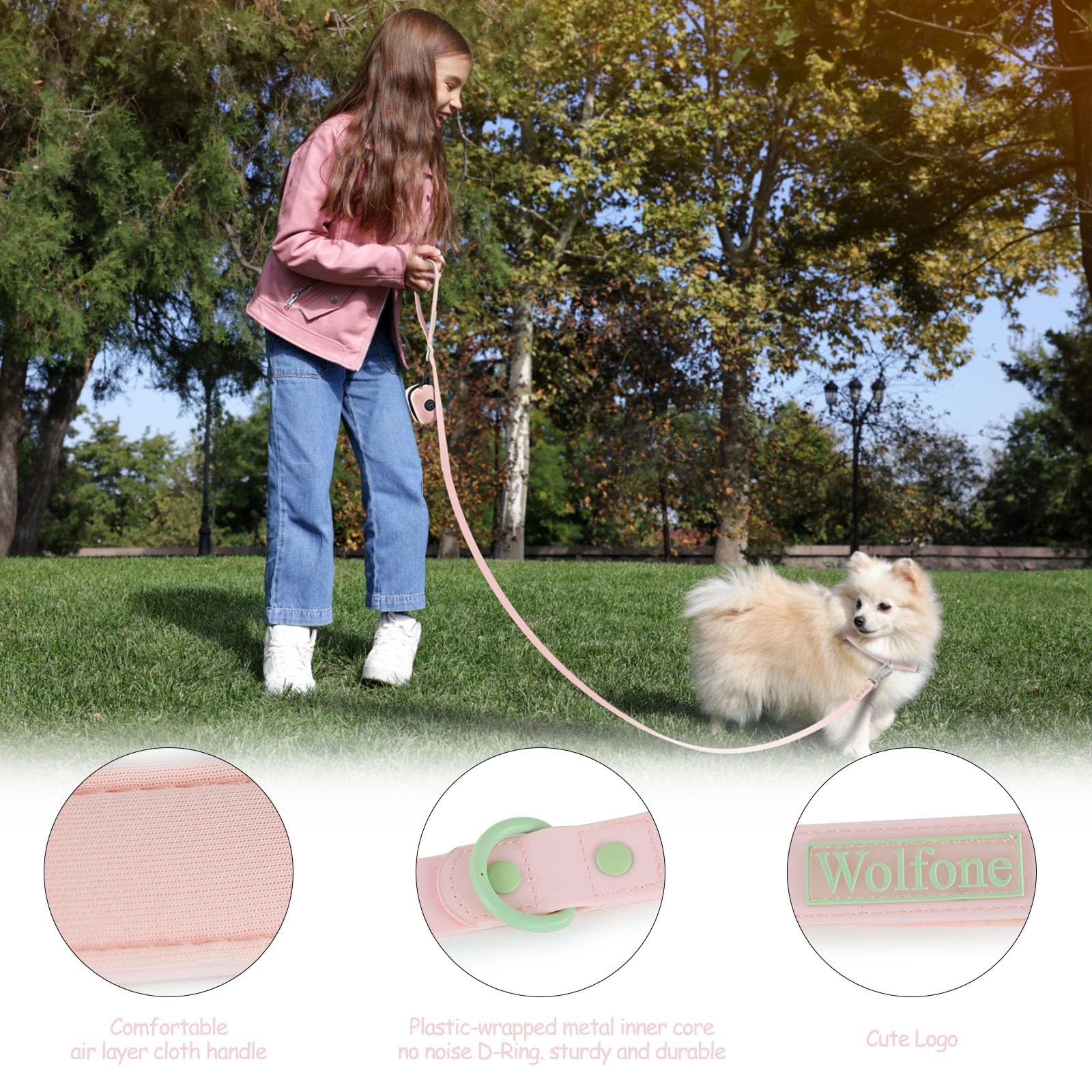 Wolfone 6Ft Safety Auto-Lock Carabiner Dog Leash Soft Handle Waterproof Cute Colored Leash For Dogs Pale Pink
