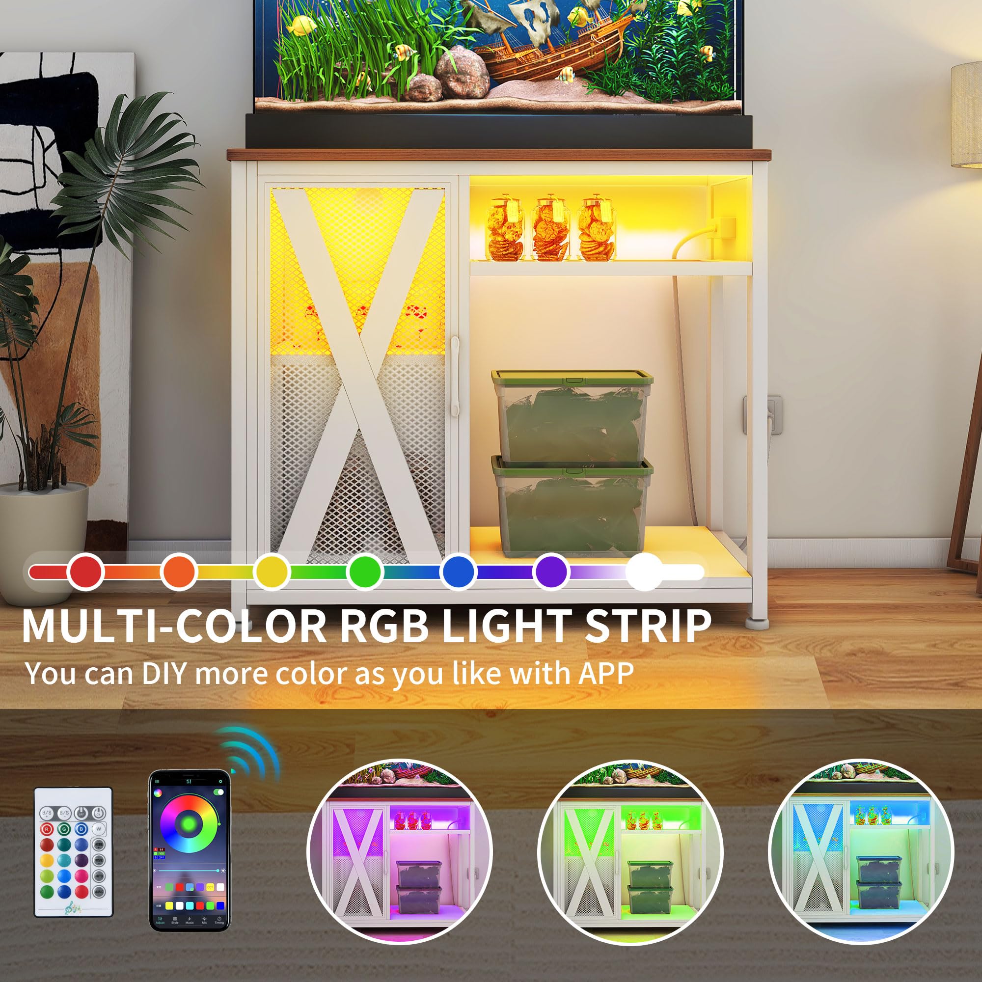 DWVO 40-50 Gallon Aquarium Stand with Power Outlets & LED Light, Cabinet for Fish Tank Accessories Storage - Metal Fish Tank Sta