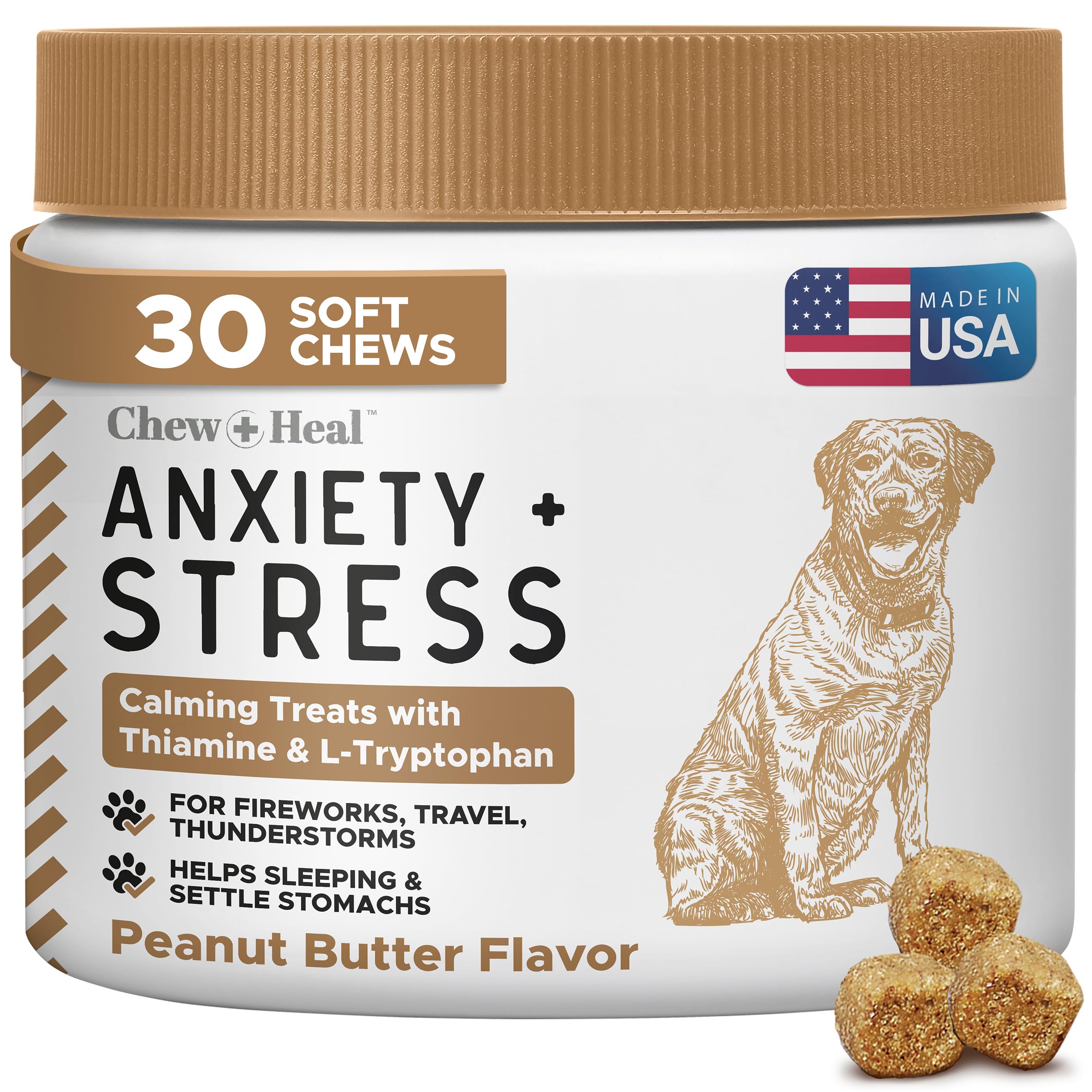 Calming Chews for Dogs - 30 Peanut Butter Melatonin Dog Sleep Aid & Calming Dog Treats with Thiamine, L-Tryptophan & Ginger