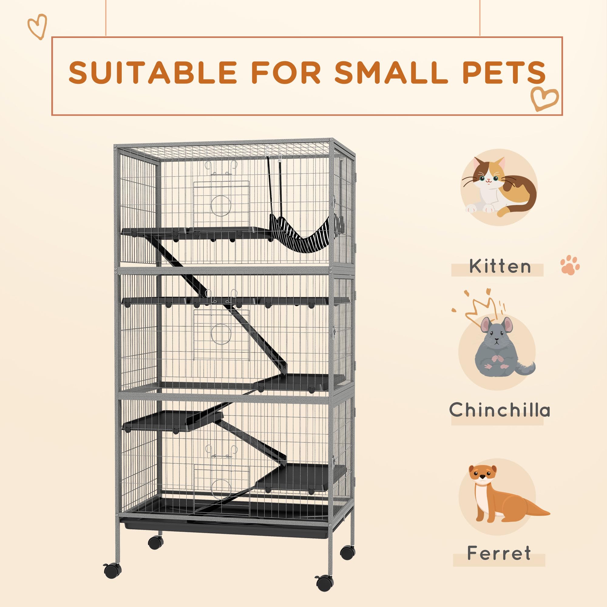 Pawhut 63'' 6-Tier Small Animal Cage, Ferret Cage, Large Chinchilla Cage With Hammock Accessory & Heavy-Duty Steel Wire, Small A