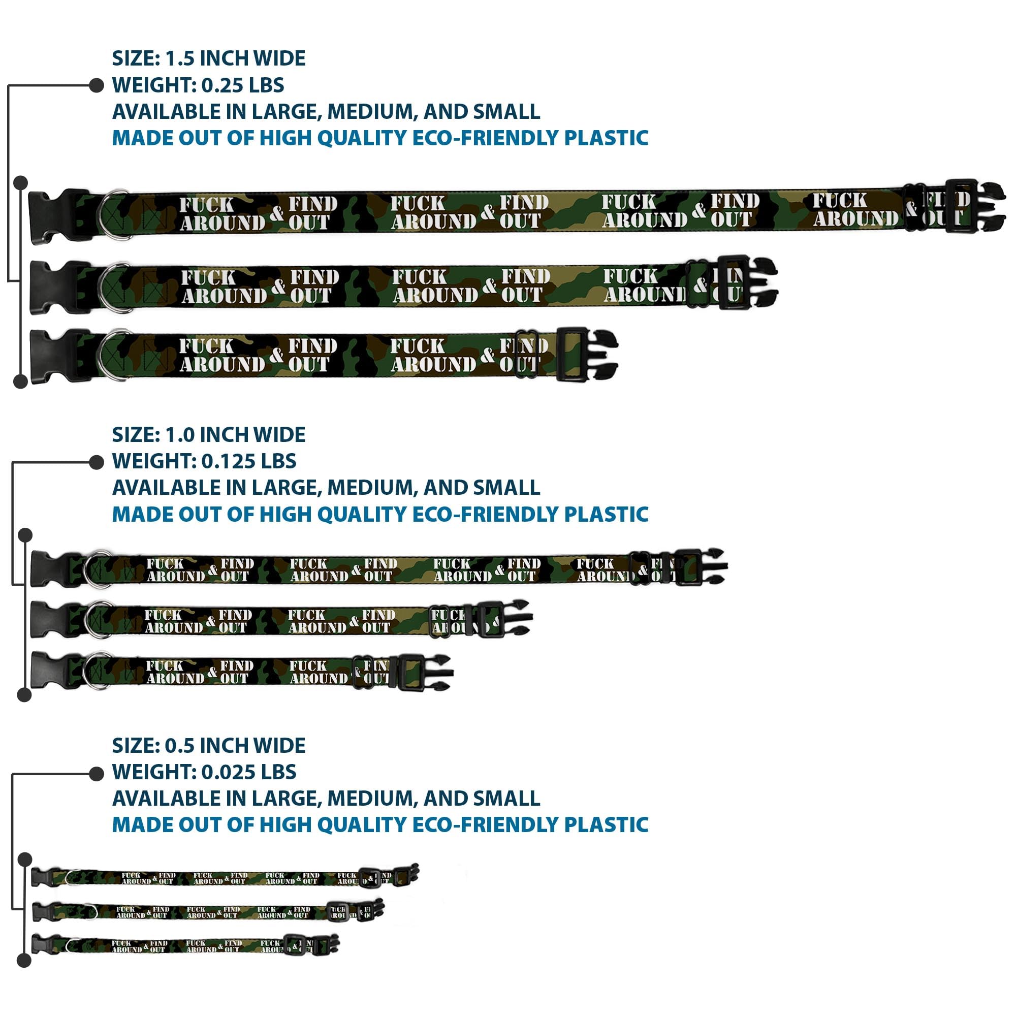 Buckle-Down Dog Collar Plastic Clip Fafo Fuck Around And Find Out Stencil Camo White 18 To 32 Inches 1.5 Inch Wide