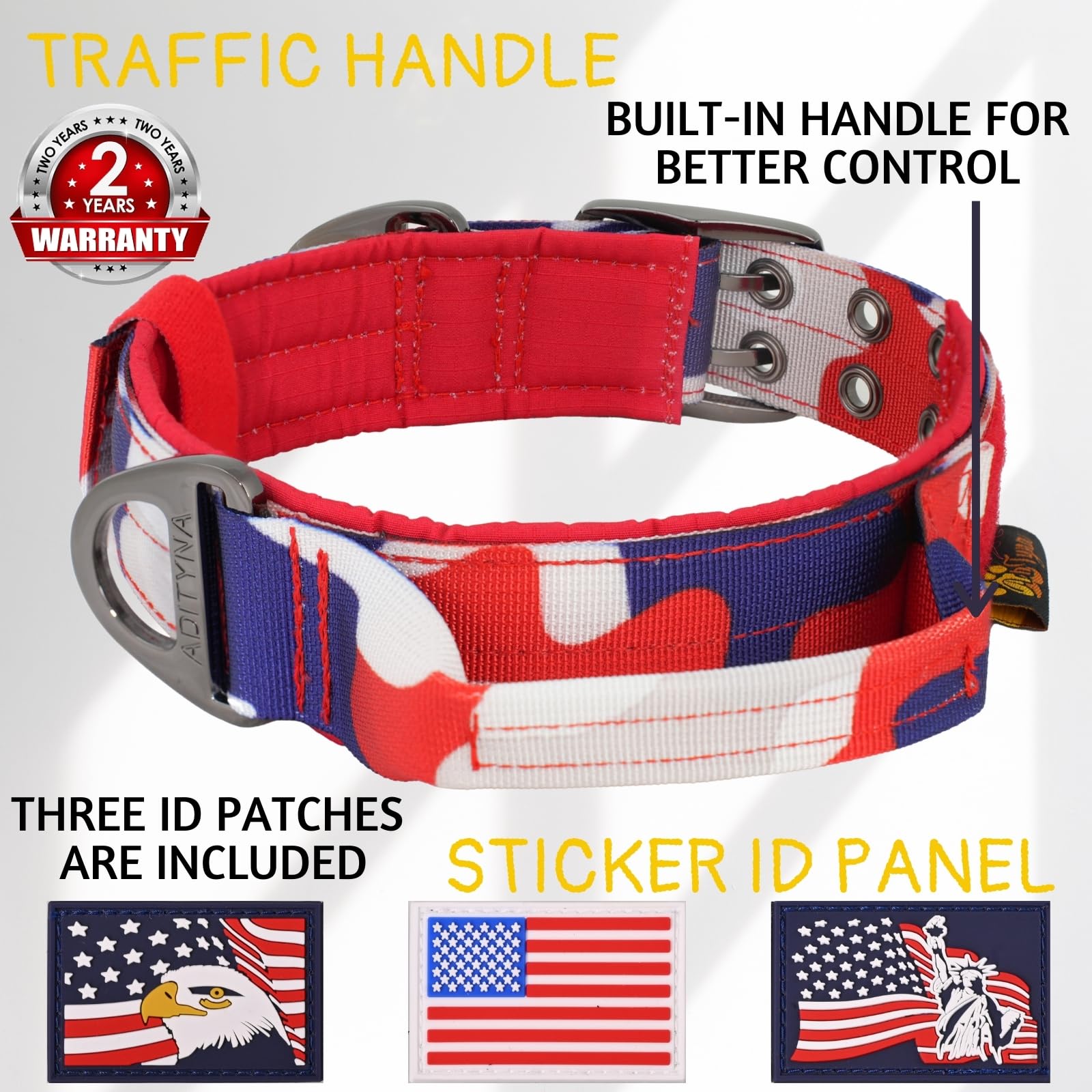 Adityna Heavy Duty Dog Collar For Large Dogs - Camo Red Blue Collar With Handle For Training, And Walking - Wide, Thick, Tactica