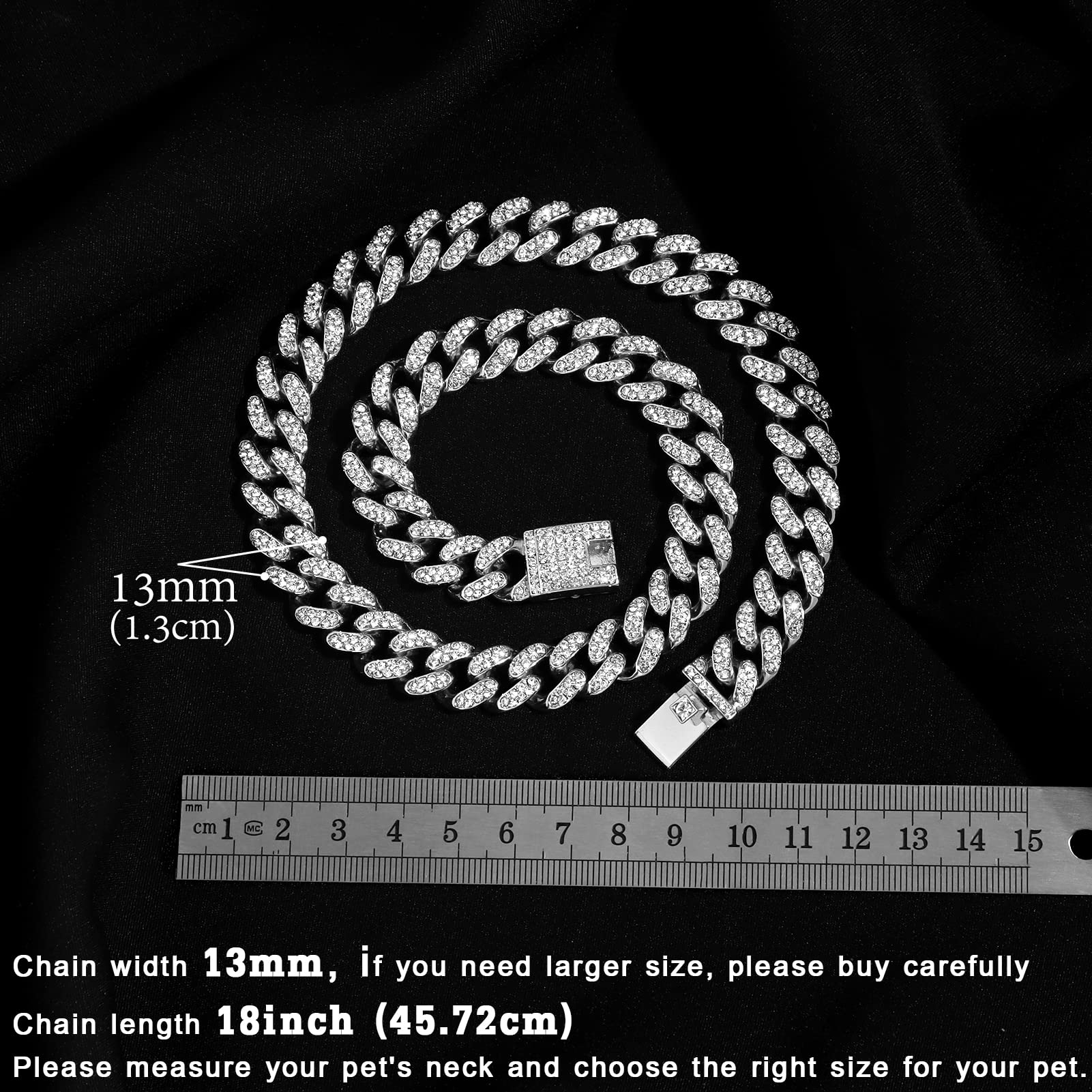 Flatfoosie Cuban Link Dog Collar Gold Silver Color Metal Dog Chain Collar Cuban Diamond Chain Pet Collars For Dogs Cats Jewelry 8/10/14/16/18/20/24/28 Inch (18Inch, Silver)