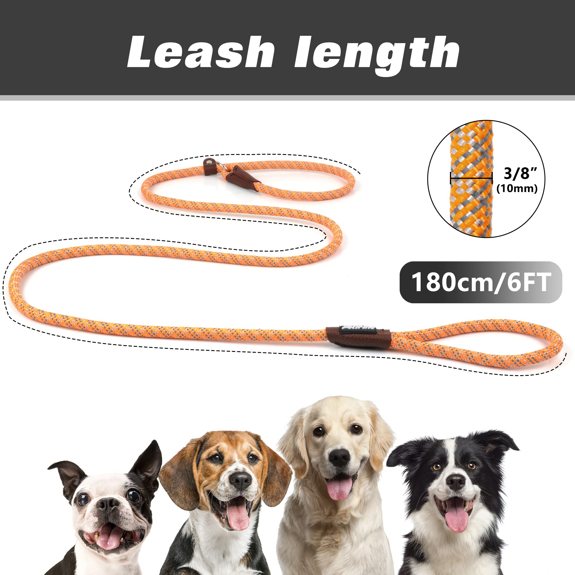 Petifine 6 Ft Slip Lead Dog Leash, Full Reflective Dog Training Leash, Heavy Duty Adjustable Pet Nylon Slip Rope Lead For Small Medium Large Dogs (3/8' X 6 Ft, Orange)