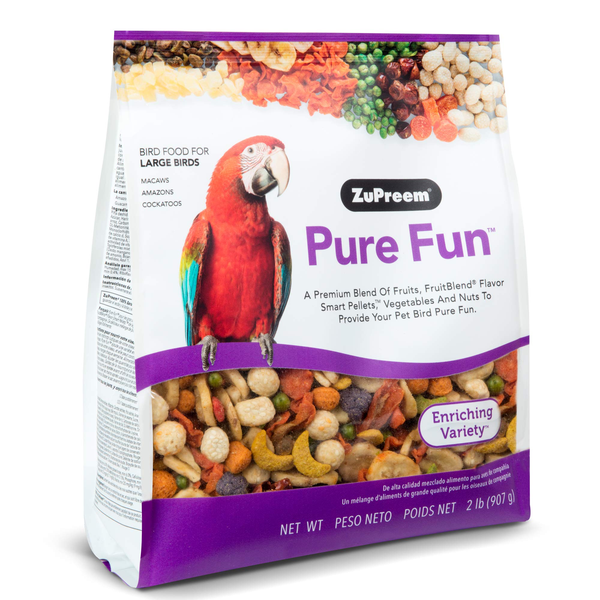 ZuPreem Pure Fun Bird Food for Large Birds, 2 lb - Variety Blend of Fruit, FruitBlend Pellets, Vegetables, Nuts for Amazons, Mac