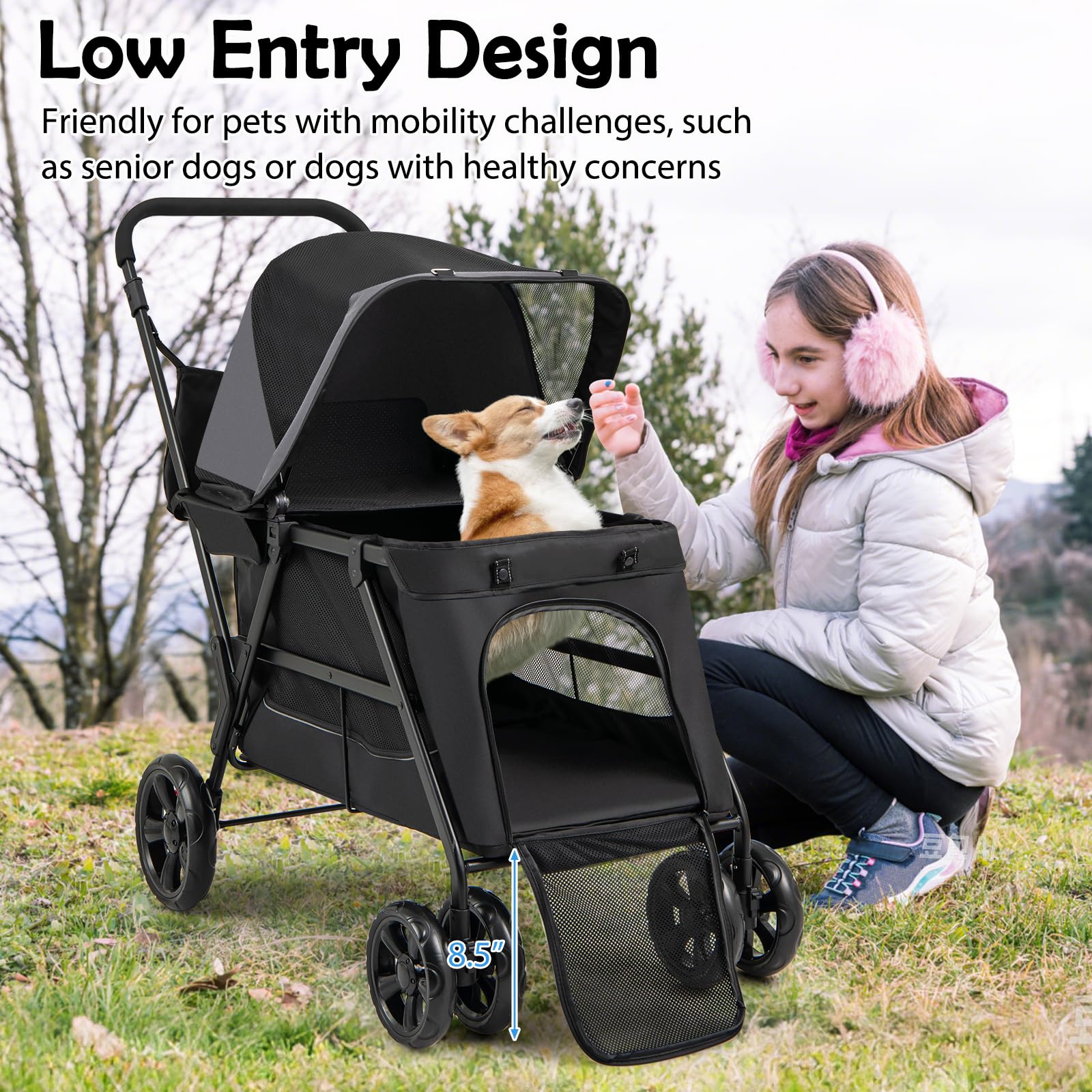 Giantex Dog Stroller With Low Entry & Ramp Access, Cat Stroller With Lockable & Shock-Absorbing All-Terrain Wheels, Folding Pet